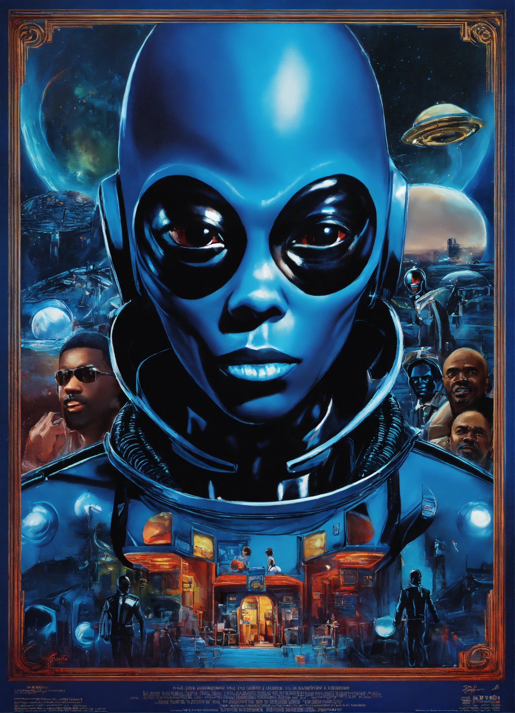 Lexica - A blue cinema poster about a black alien --s 50