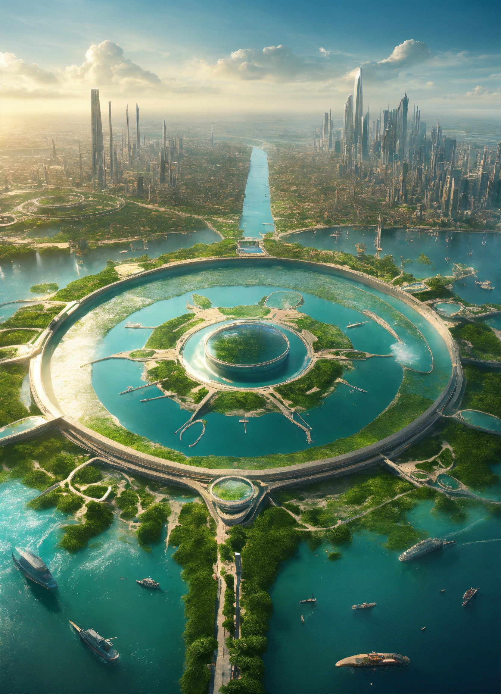 Lexica - Futuristic city surrounded by a large ring of water. . the ...