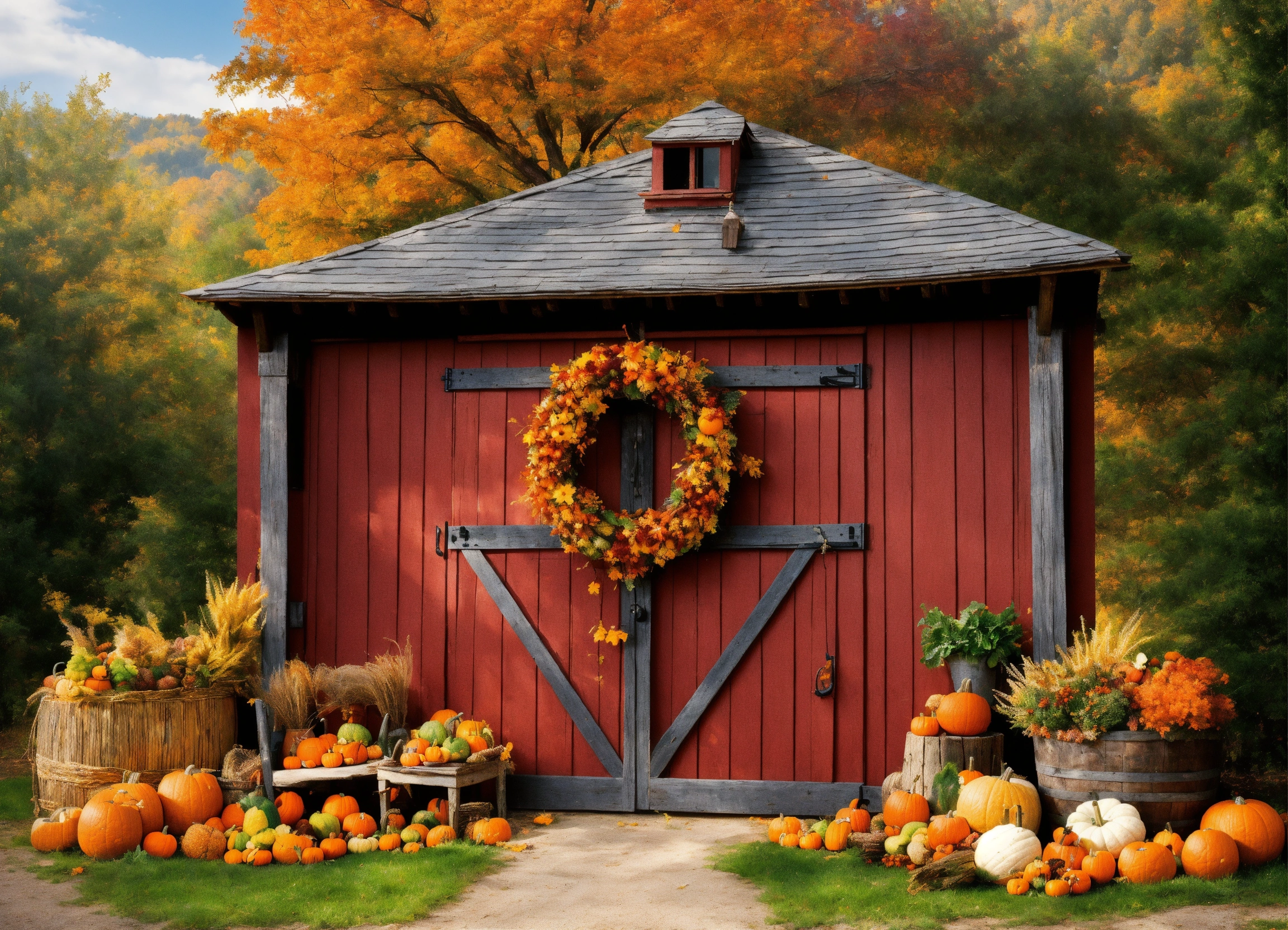 Lexica - Create a large, detailed painting of a rustic barn door with a ...
