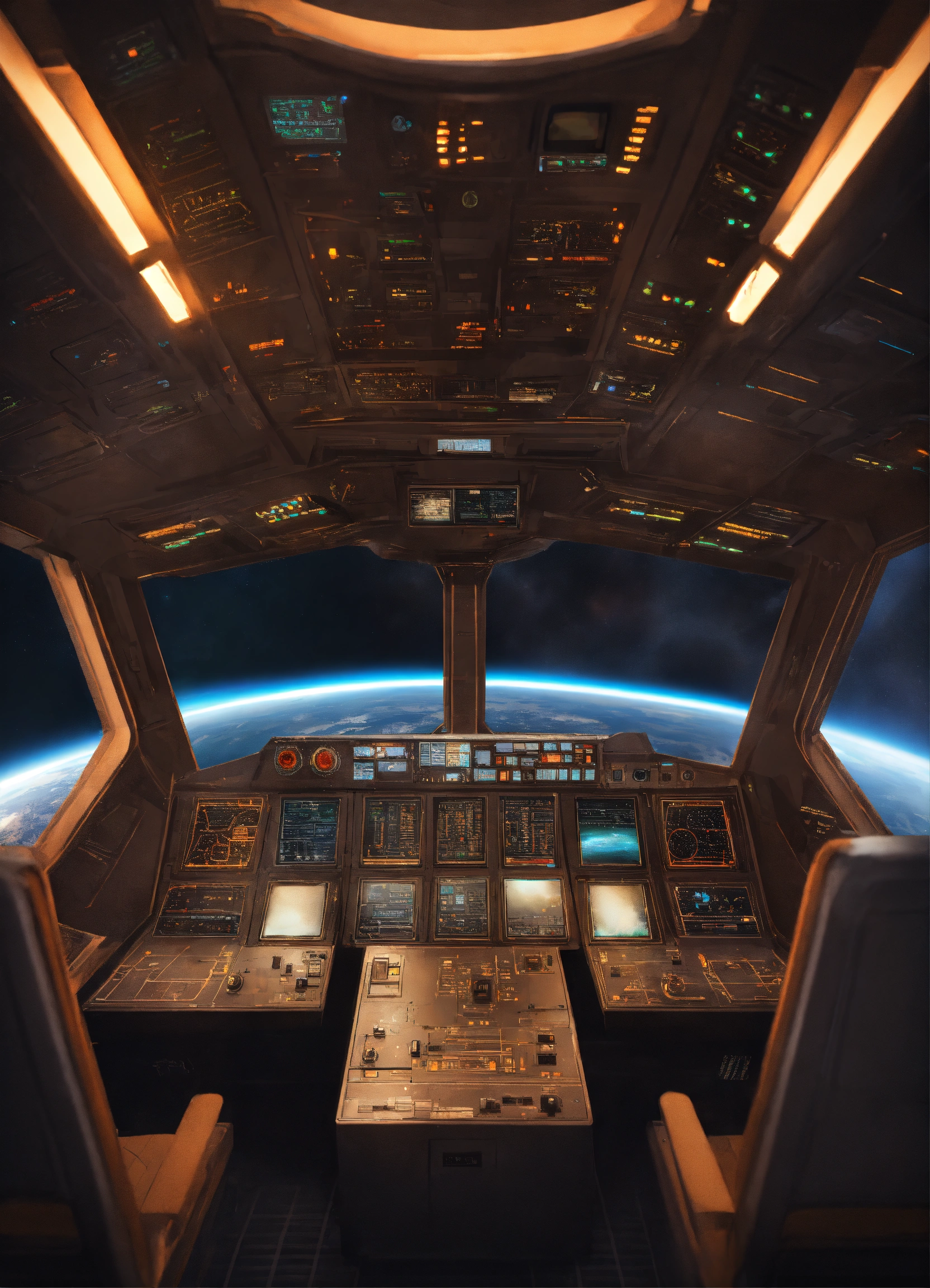 Lexica - Spaceship, control panel. Realistic space view
