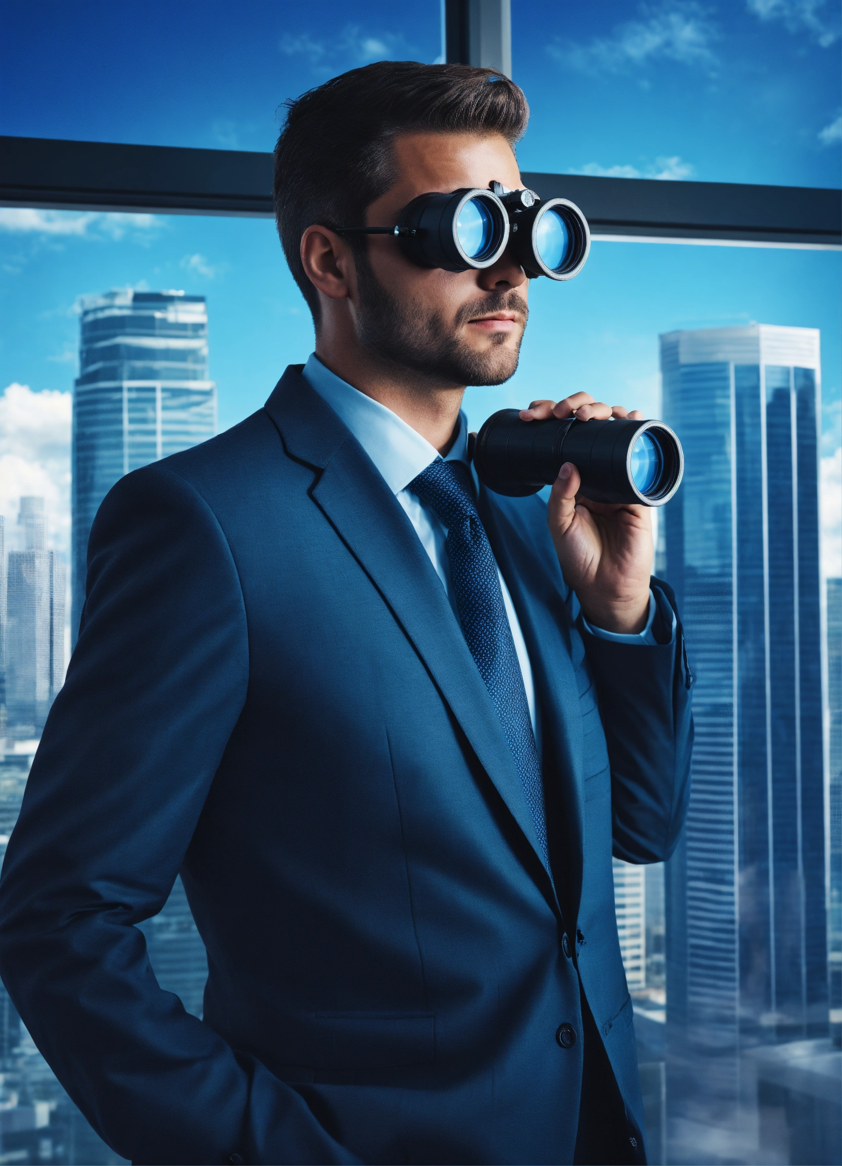 Lexica - A man in a business suit with binoculars in his hands looks ...
