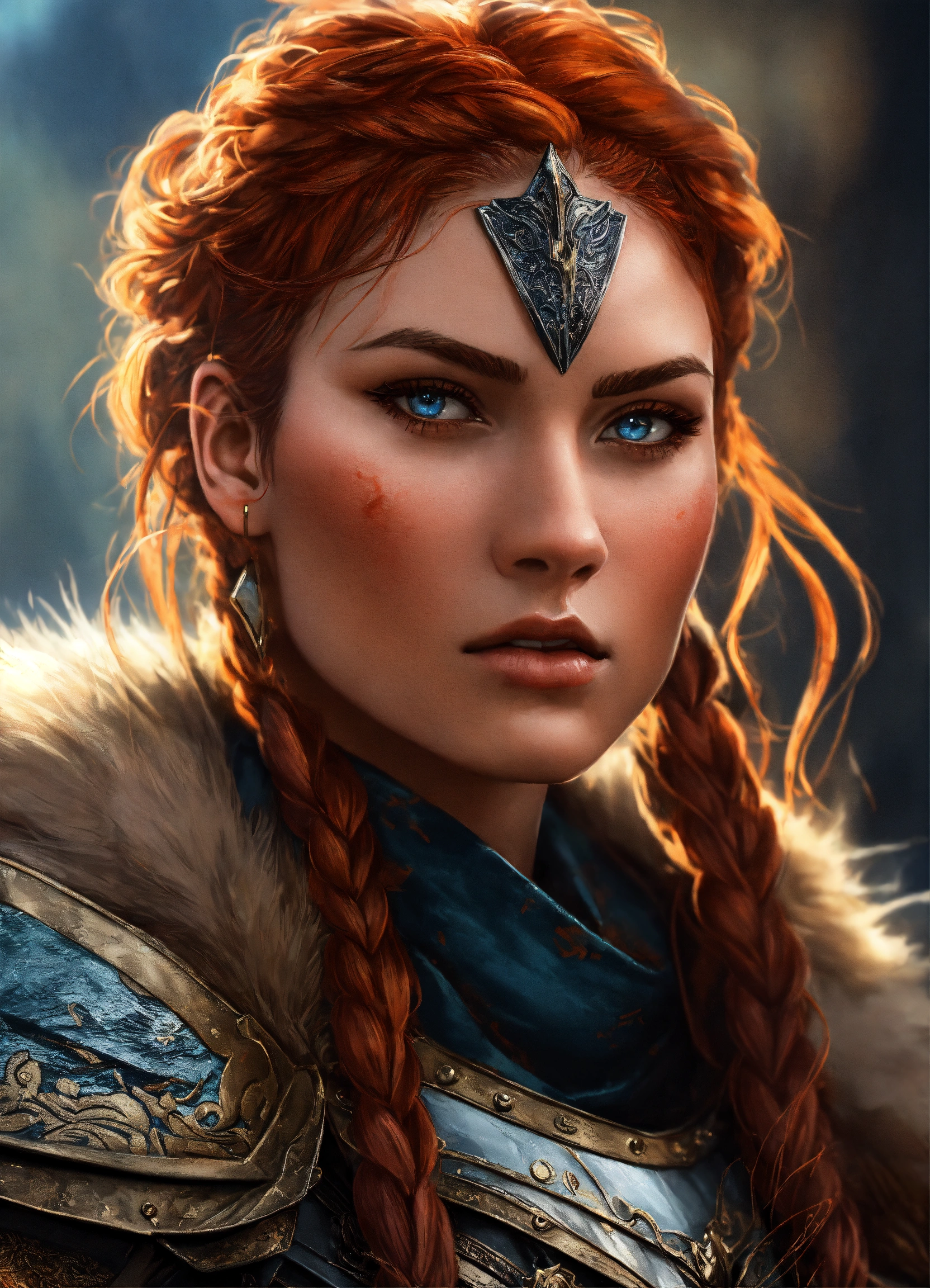 Lexica - A close up of an red haired female wearing wolf pelt shoulder ...