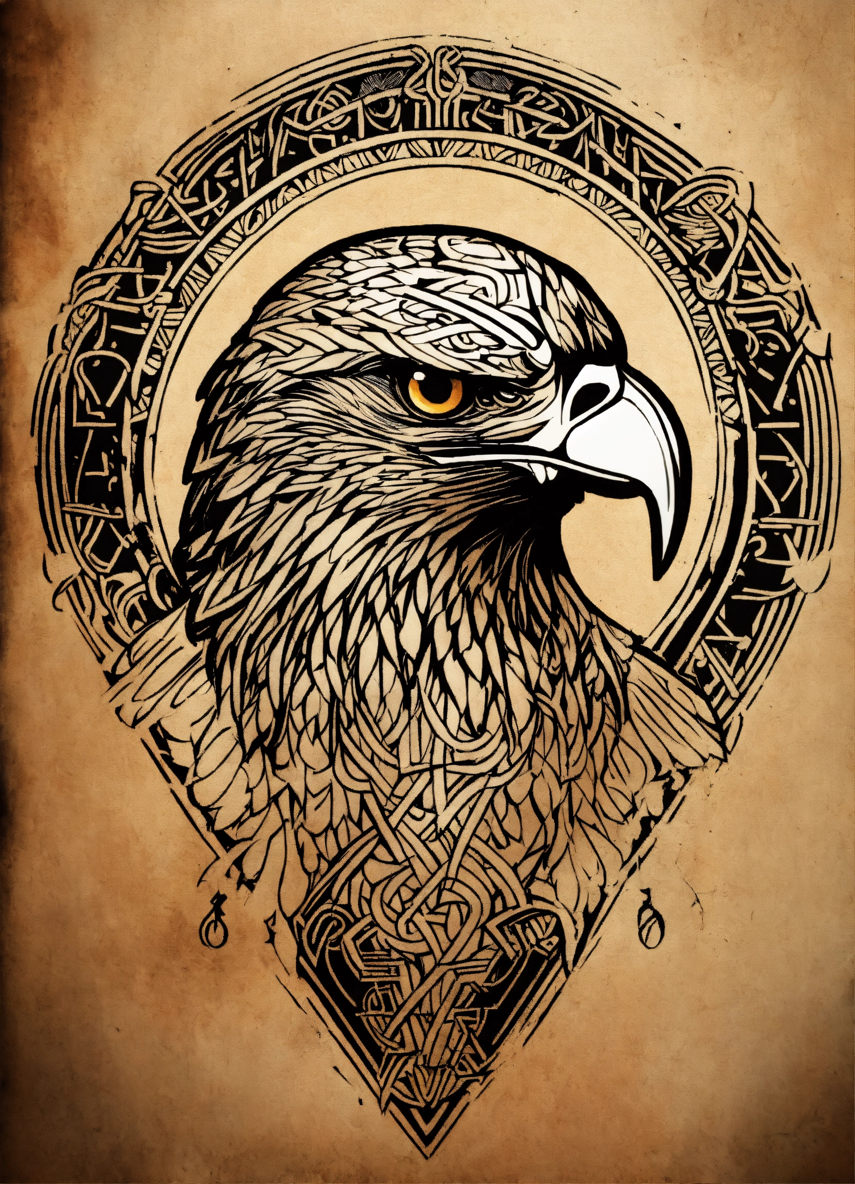 Lexica - Line work style, hawk head, viking runes, viking simbold