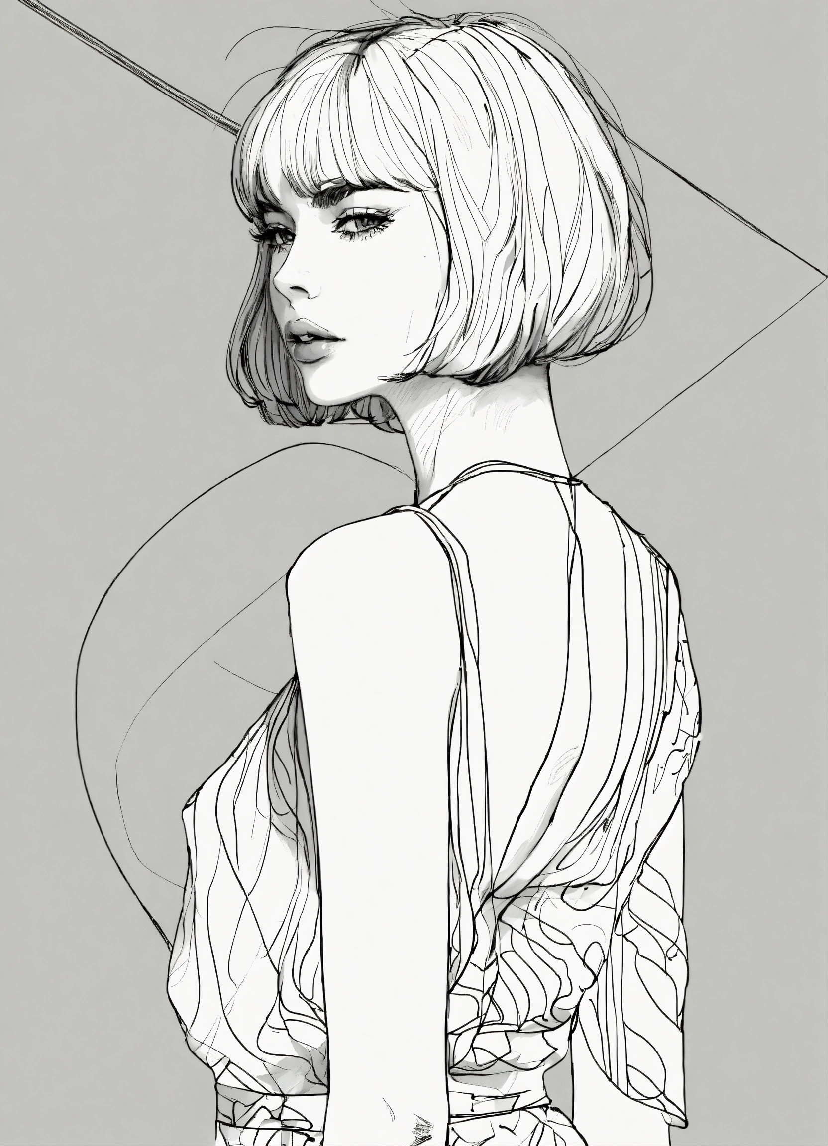 Lexica - Black and white line drawing, skinny woman, bob with bangs ...