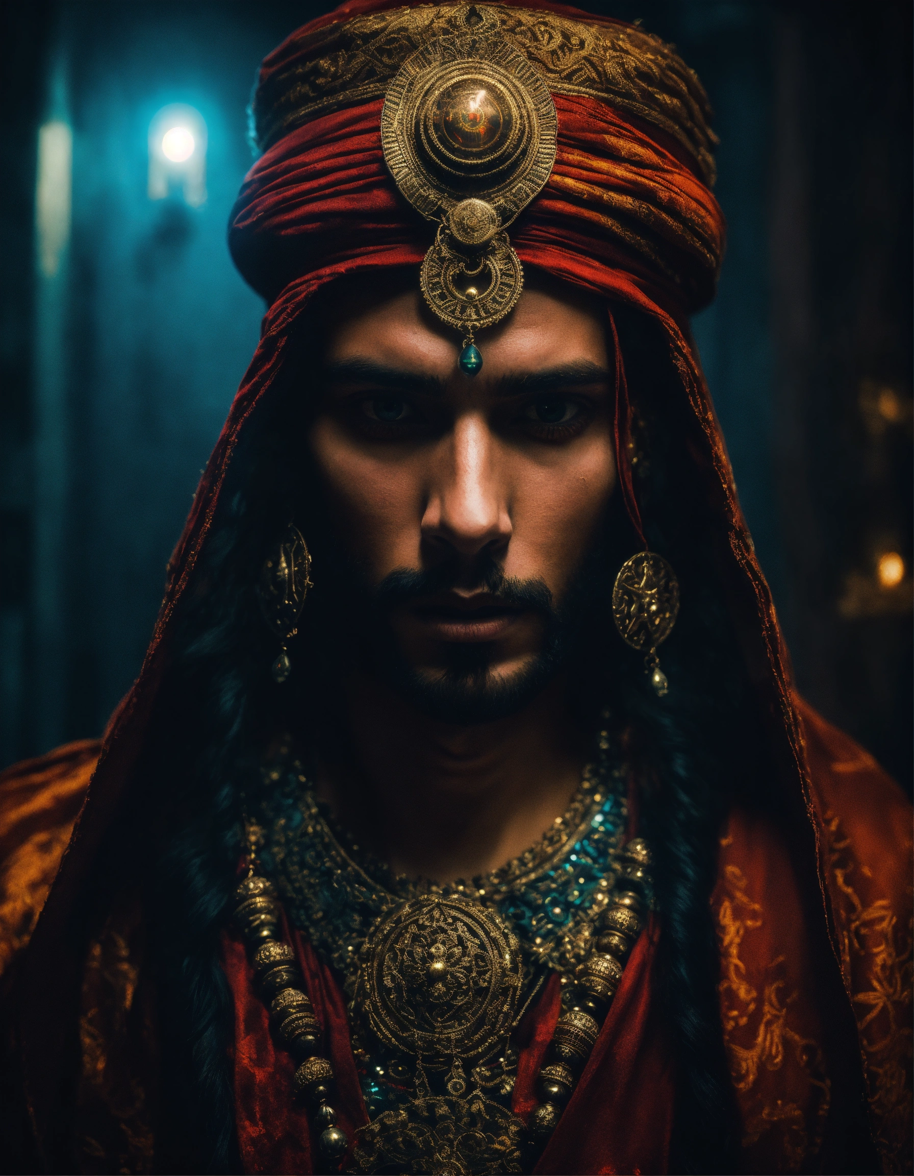 Lexica - Dramatic portrait of a young handsome, wicked indian sorcerer ...