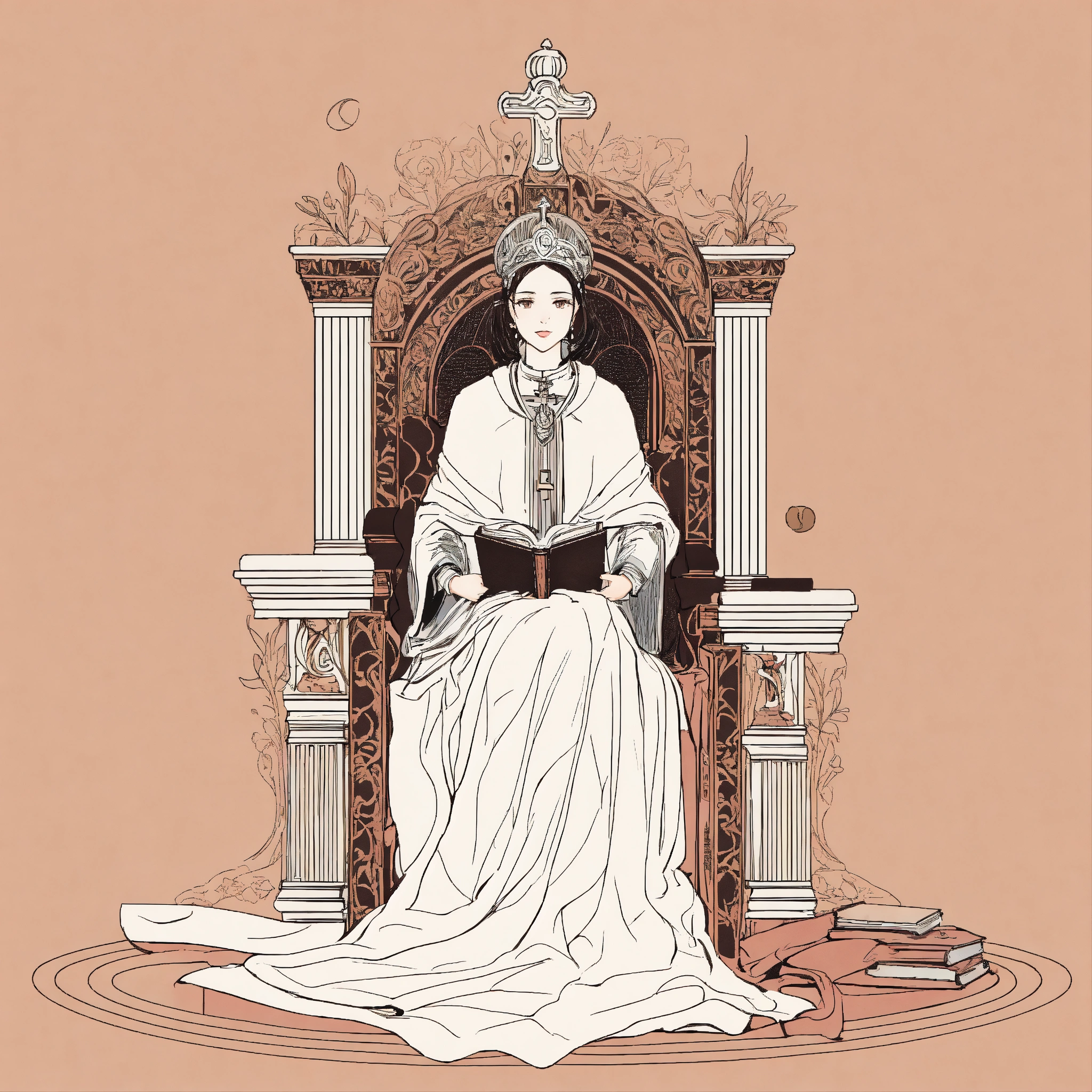 Lexica - Line design, a popess on her throne with a book in hand