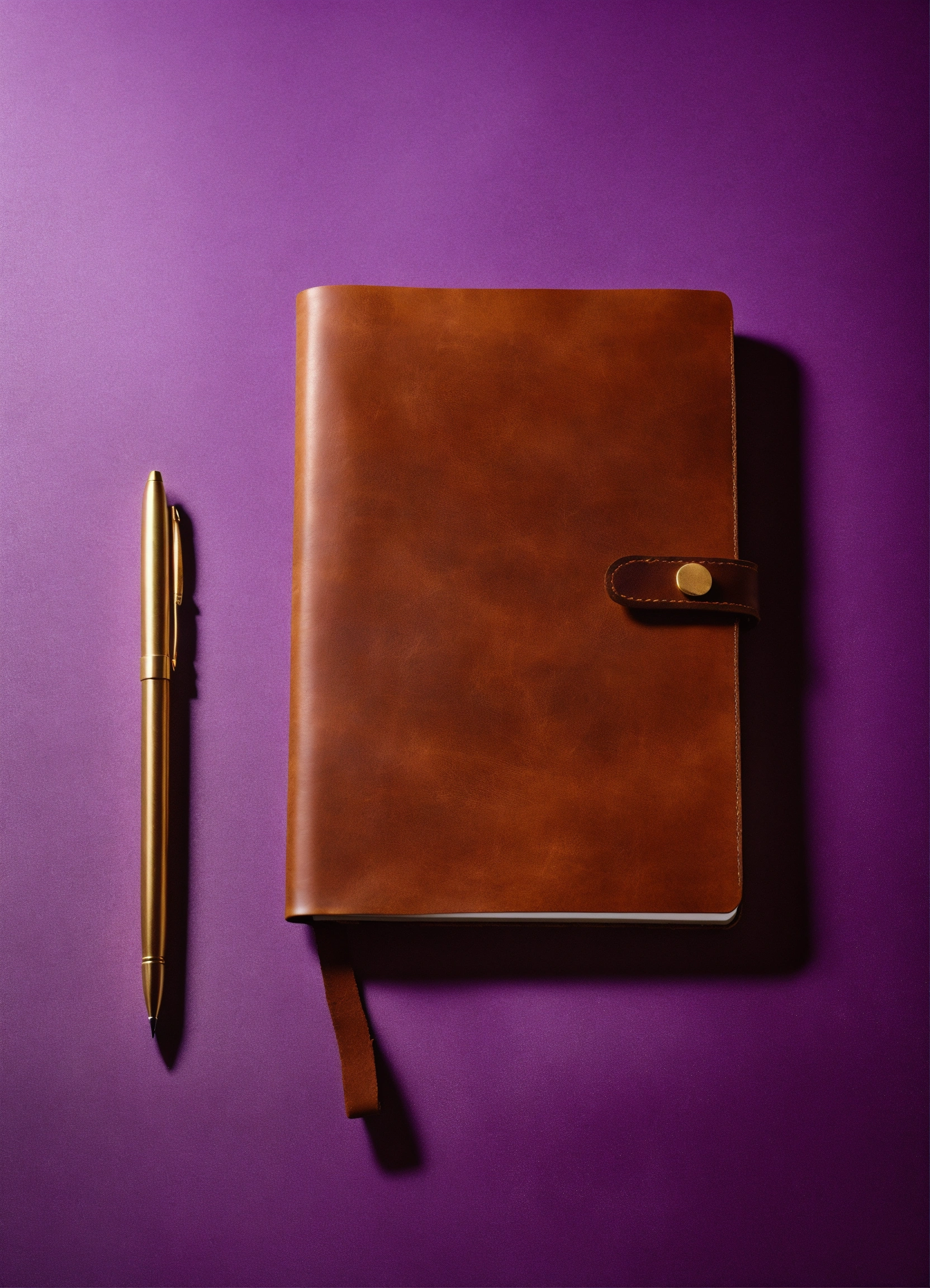 Lexica Leather notebook with pen lying on a white table, top view