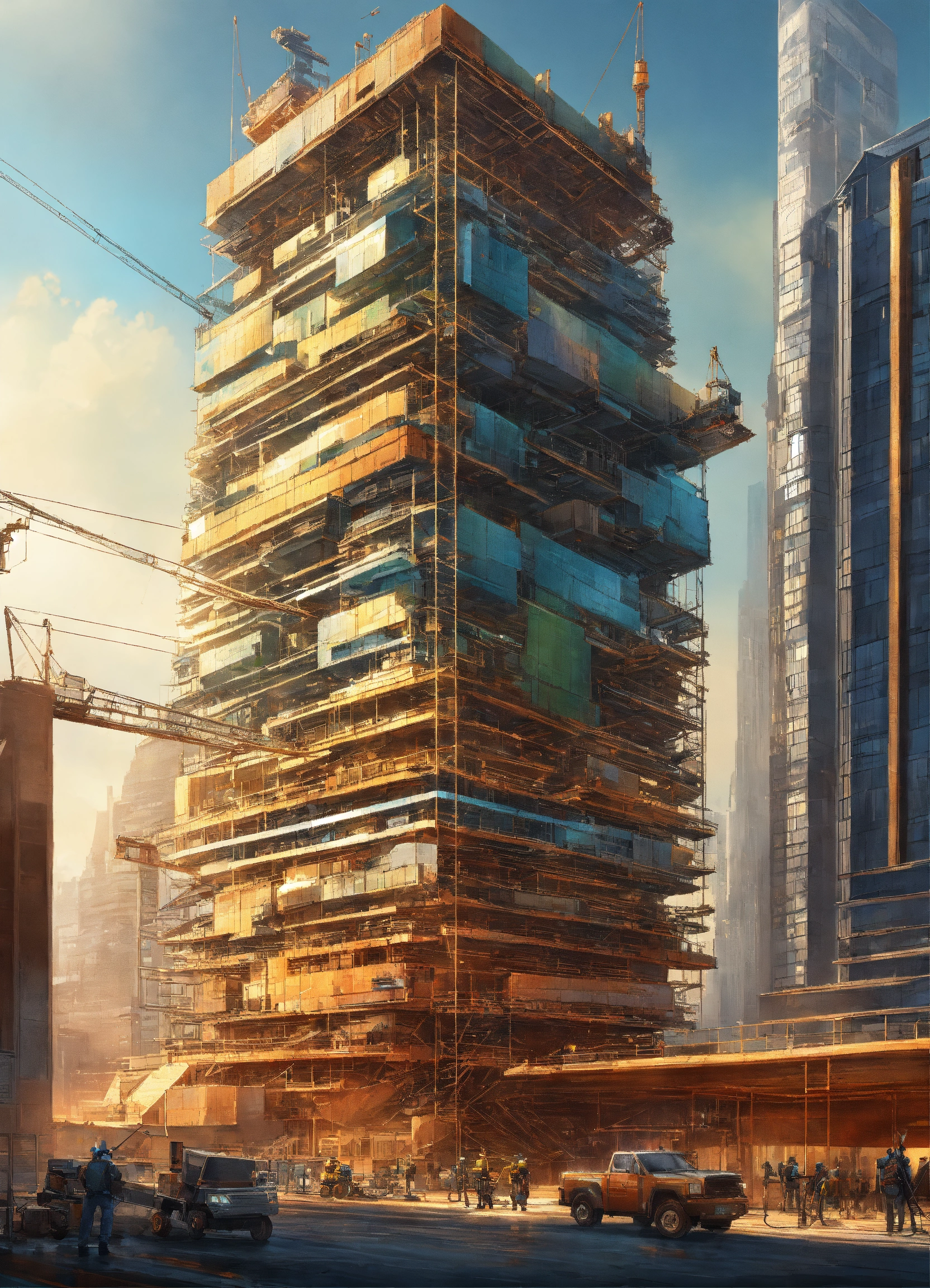Lexica - A robotic construction crew assembling a towering skyscraper ...