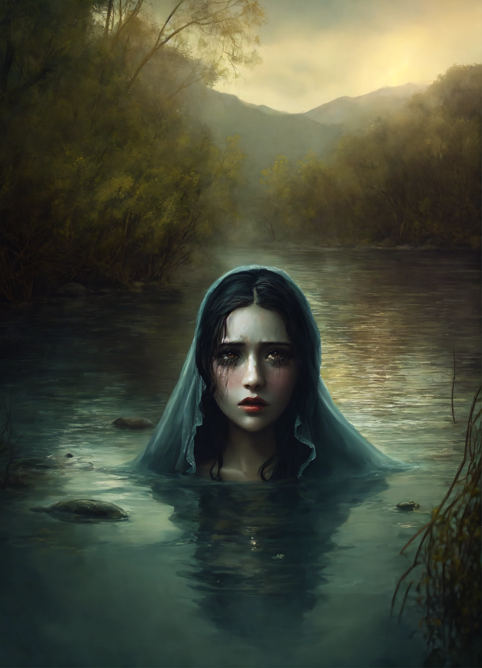 Lexica La llorona her head in river with out eyes pale face