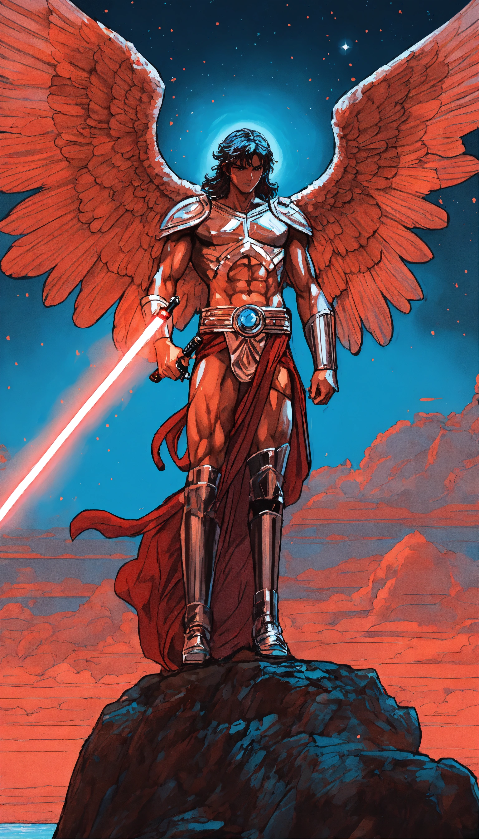 Lexica - Drawing of an angel figure with muscles, wide wings, sword in ...