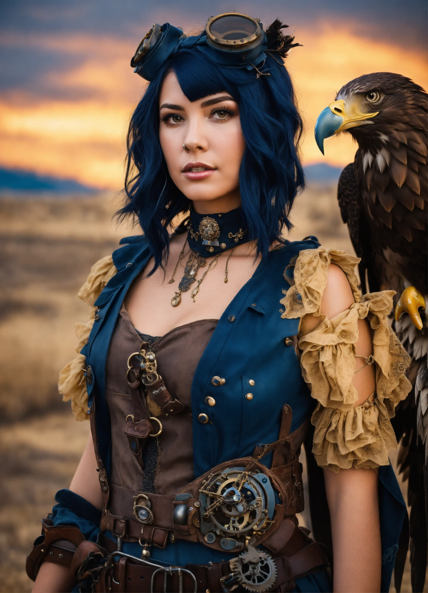 Lexica - A young woman with dark blue bob hair with a steampunk bow and ...