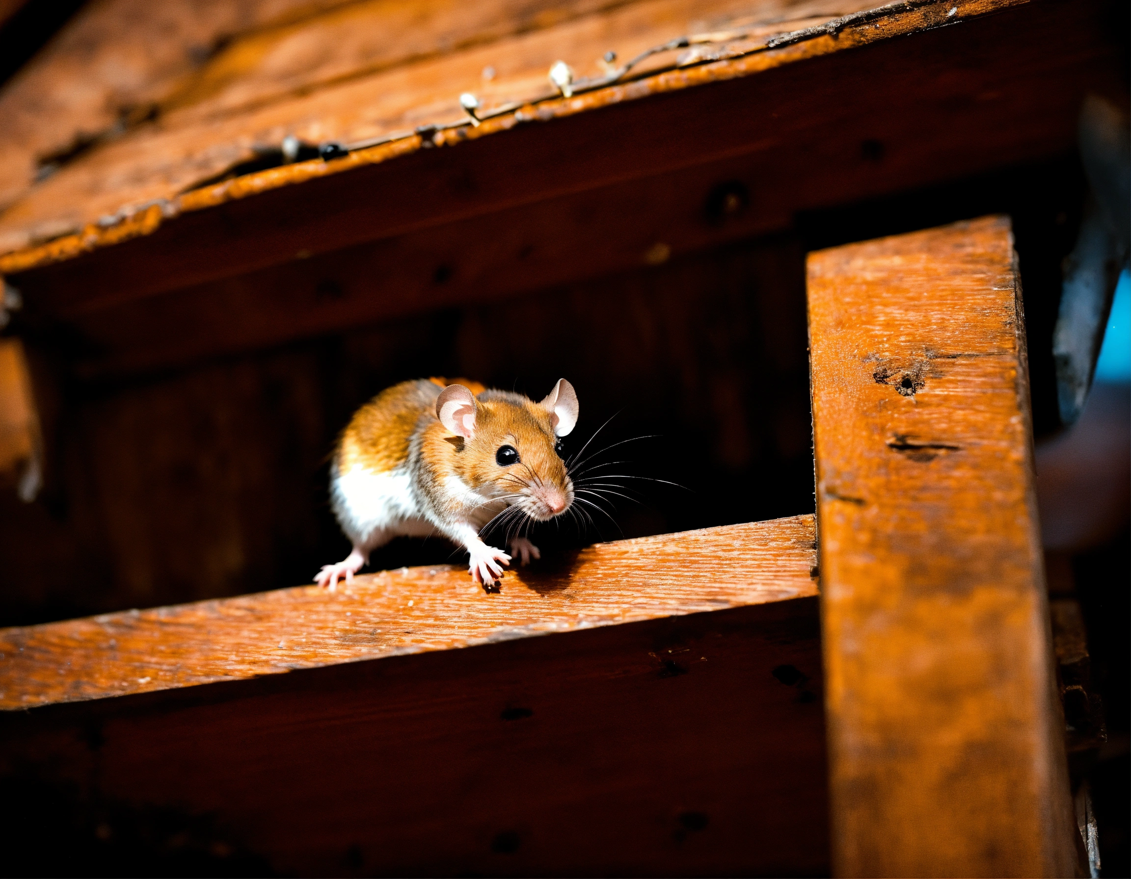 Lexica - A mouse on a wooden rung of an attic staircase
