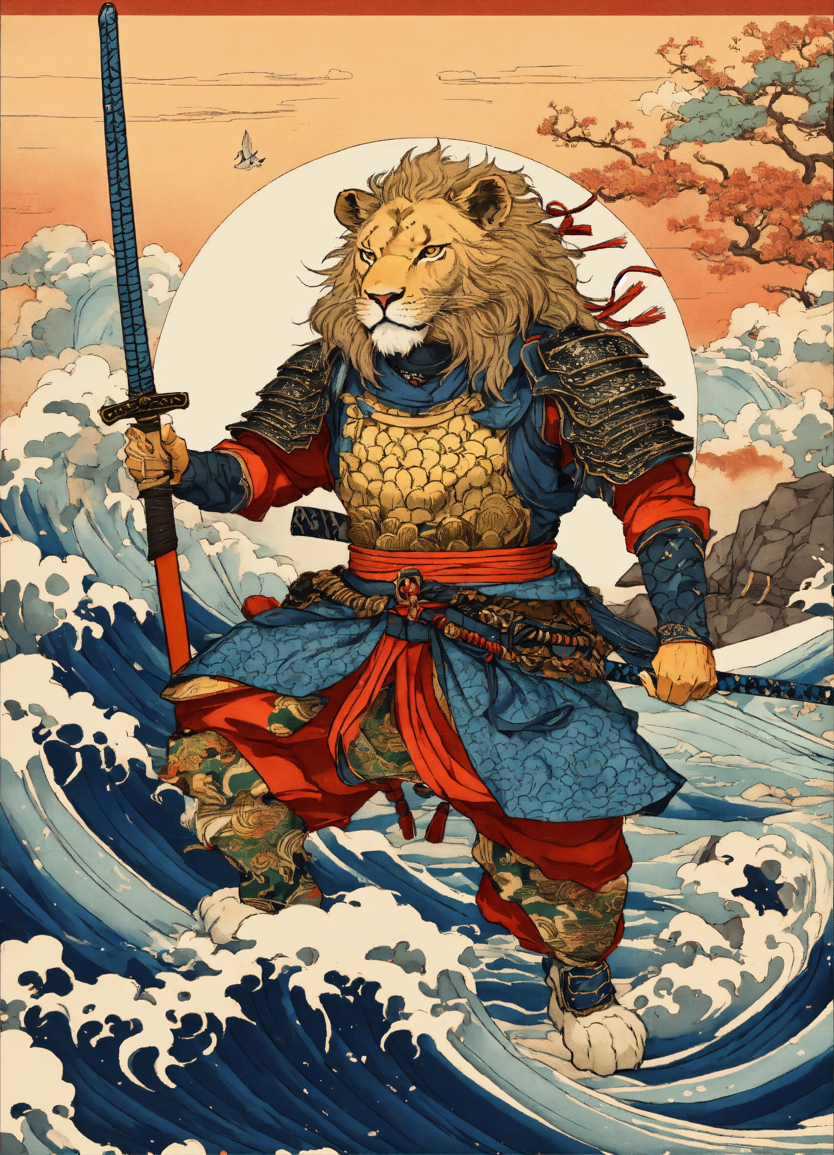 Lexica - There is a lion with a fish and a sword on a white background ...