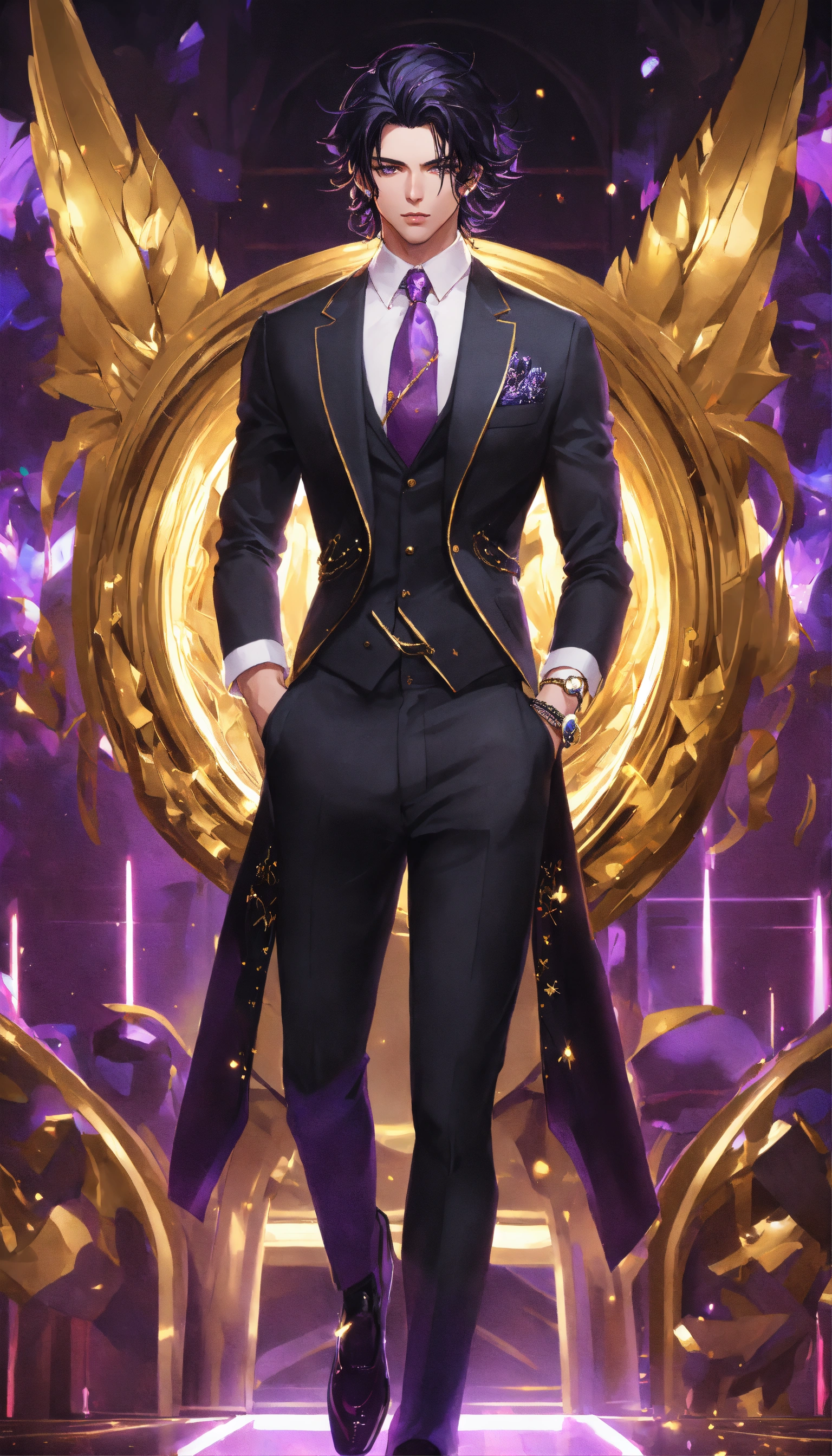Lexica - Fullbody Portrait of a man in a black suit, gold adornments ...