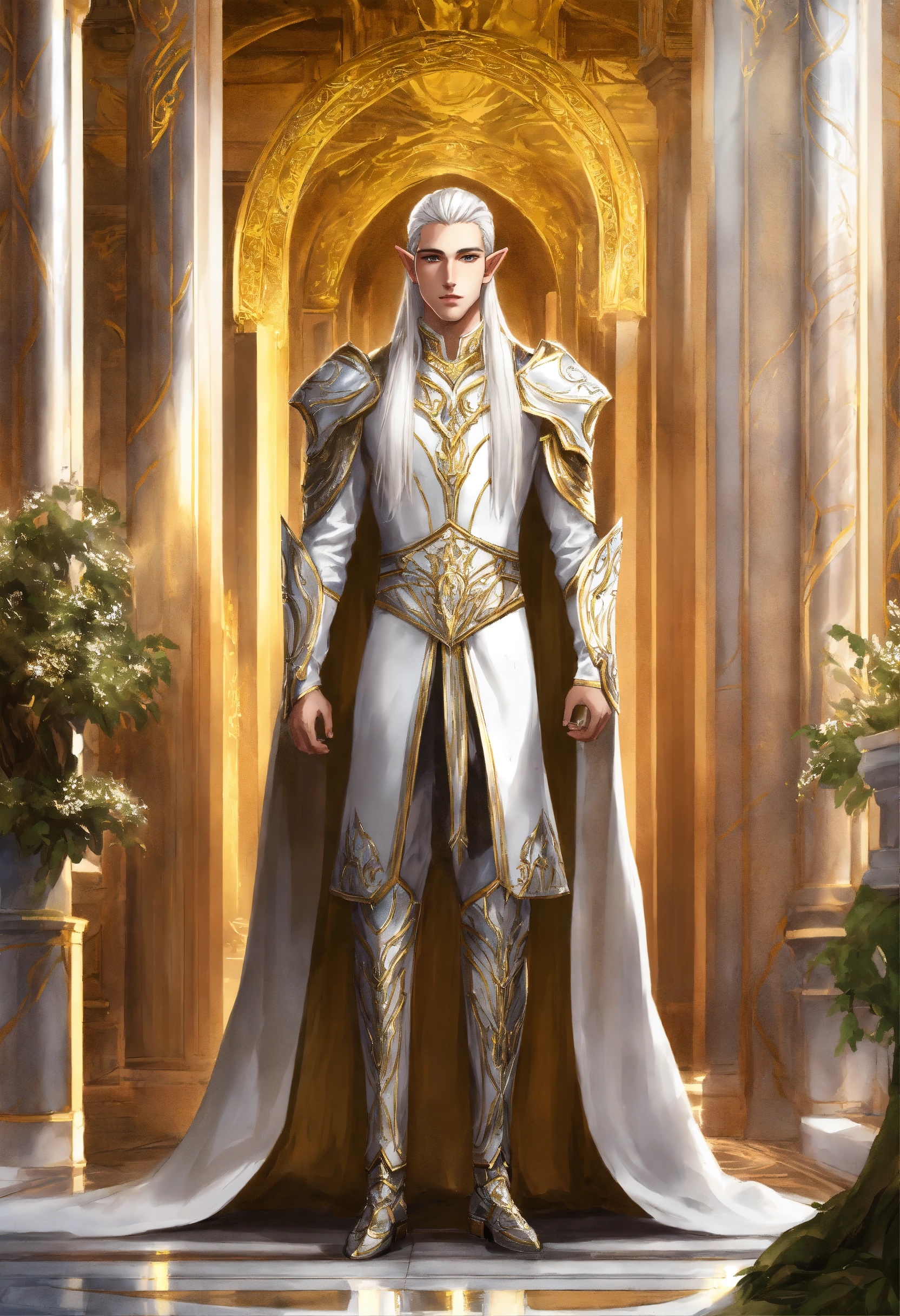 Lexica - Drawing of an elf king, royalty, sci fi, cybernetic, white and  gold royal sci fi outfit, long silver hair, clean shaven, standing in an  eleg