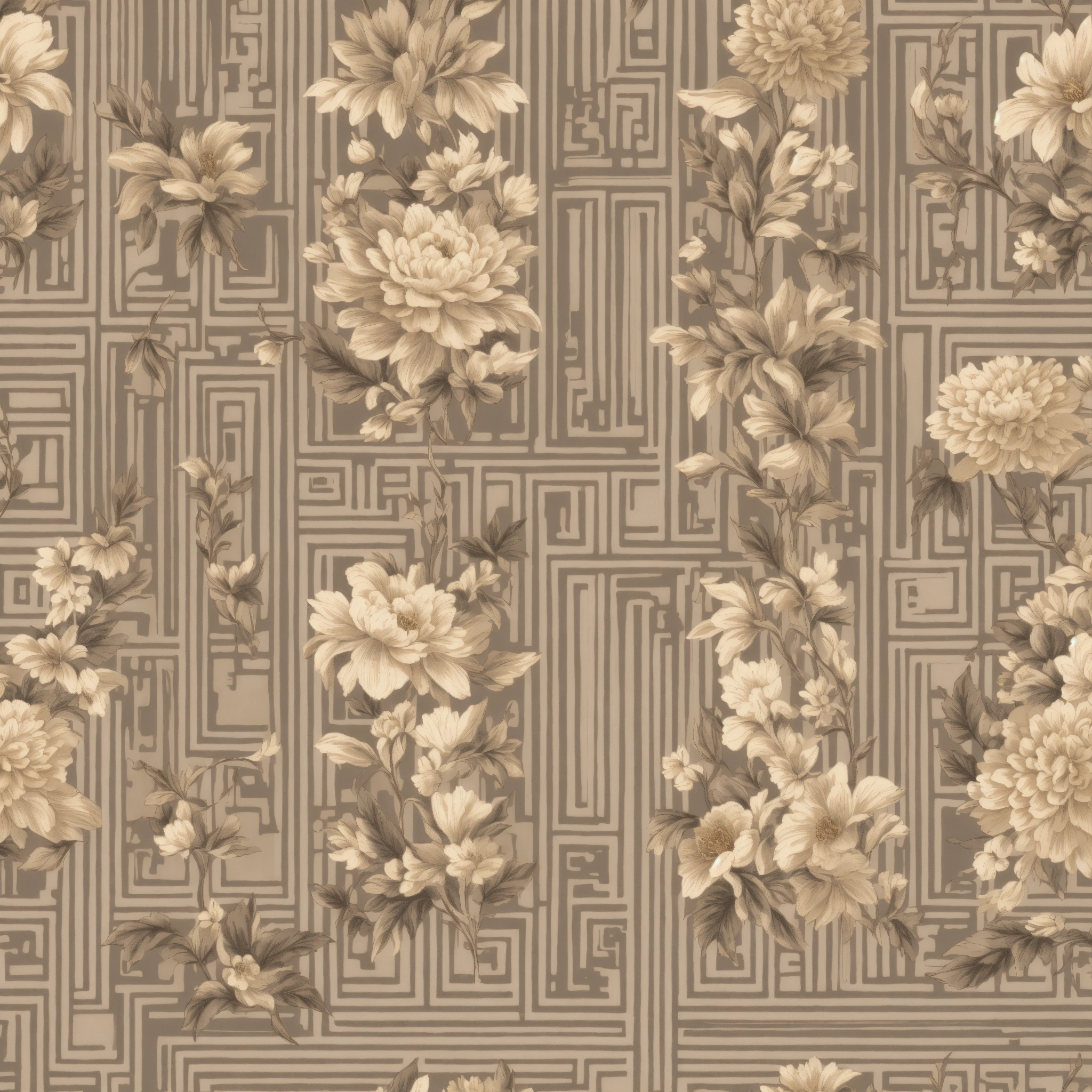 Lexica - Create a floral greek key toile pattern. Creme taupe grey tones