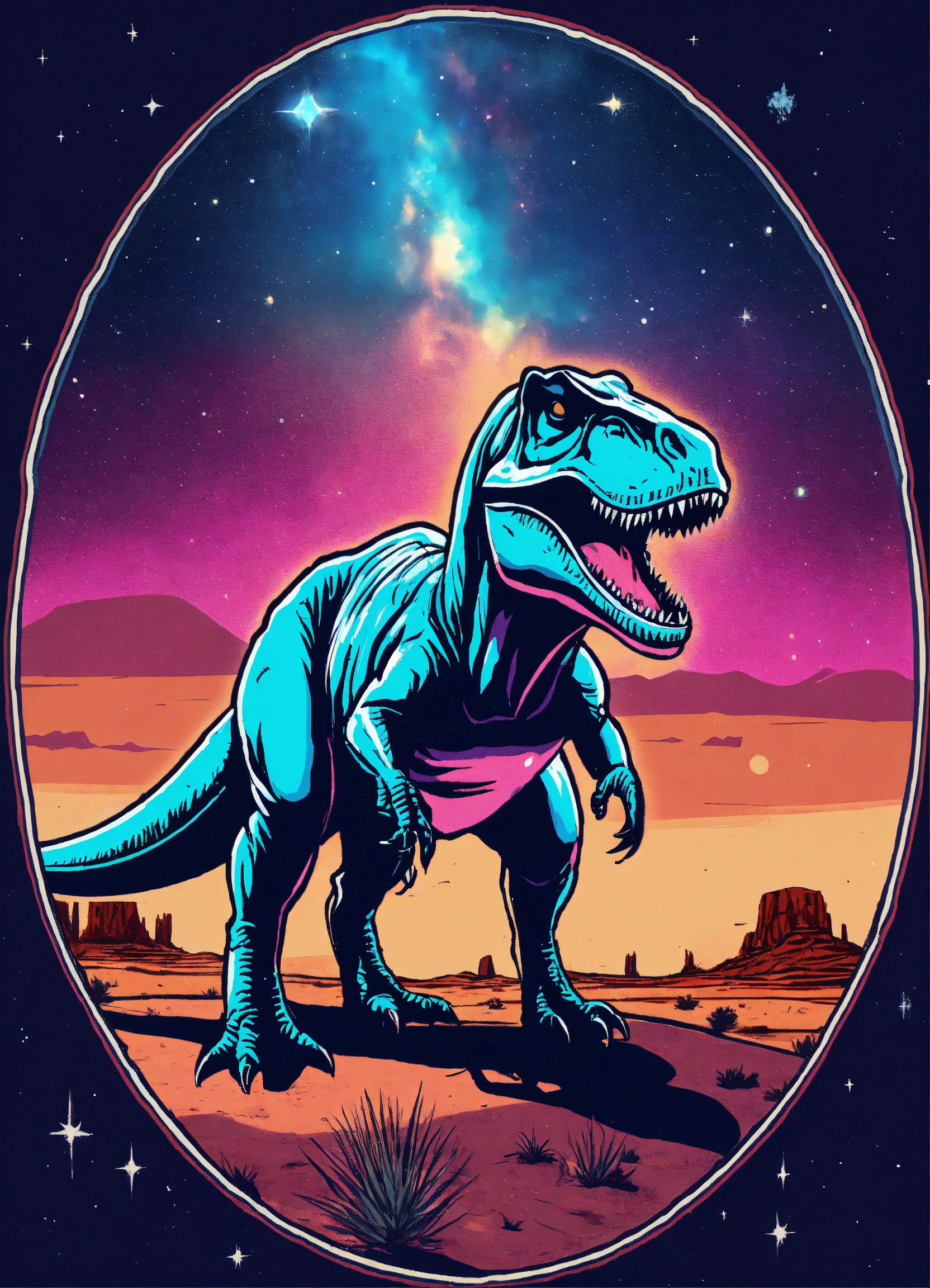 Lexica OVAL STICKER ART, a trex in a desert, lost in galaxy