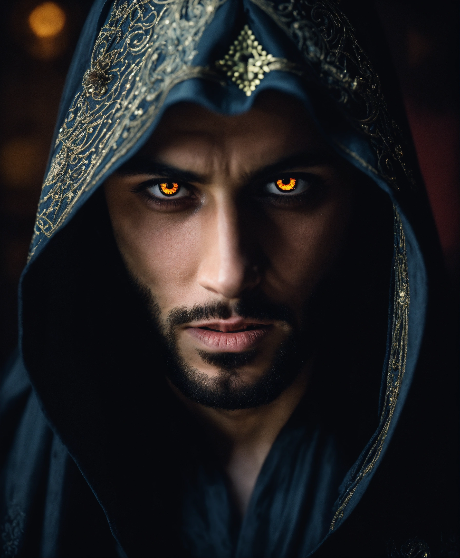 Lexica - Dramatic headshot of a young handsome, wicked Arabic sorcerer ...