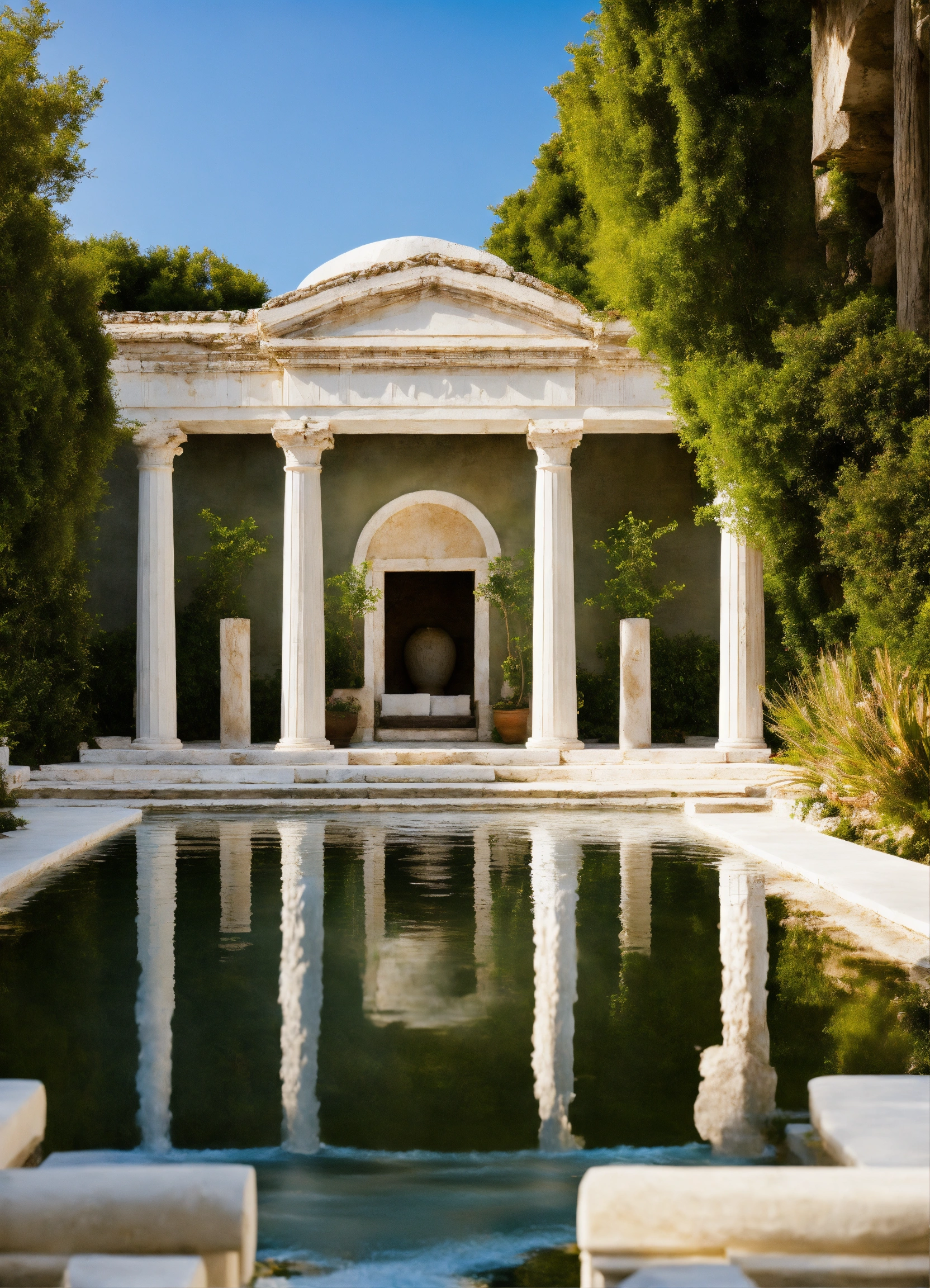 Lexica - Greek style garden, beautiful, surrounded by waterfalls ...