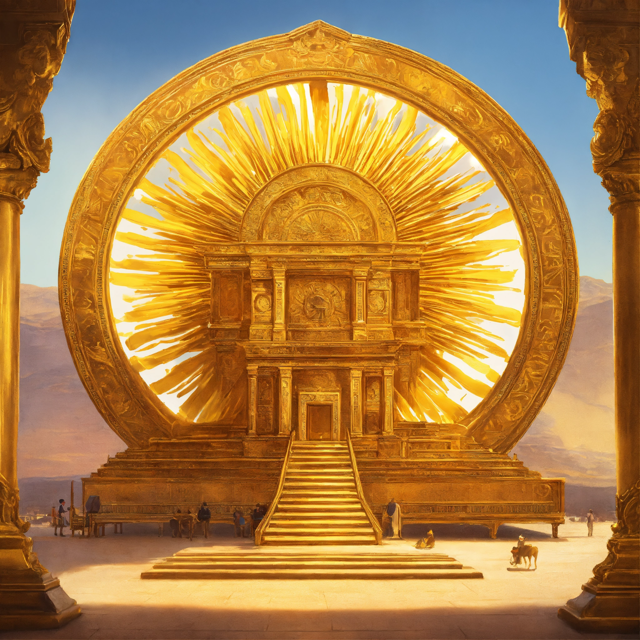 Lexica - Golden ark emblazoned in front of a sun logo painting
