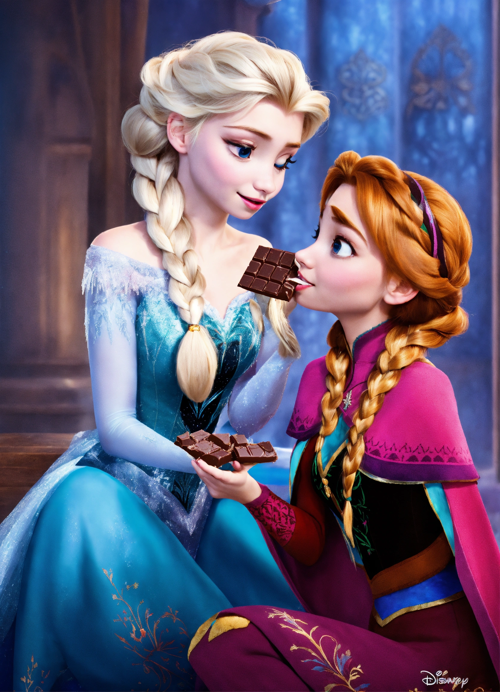Lexica - Anna and Elsa eating a chocolate bar from the disney movie frozen