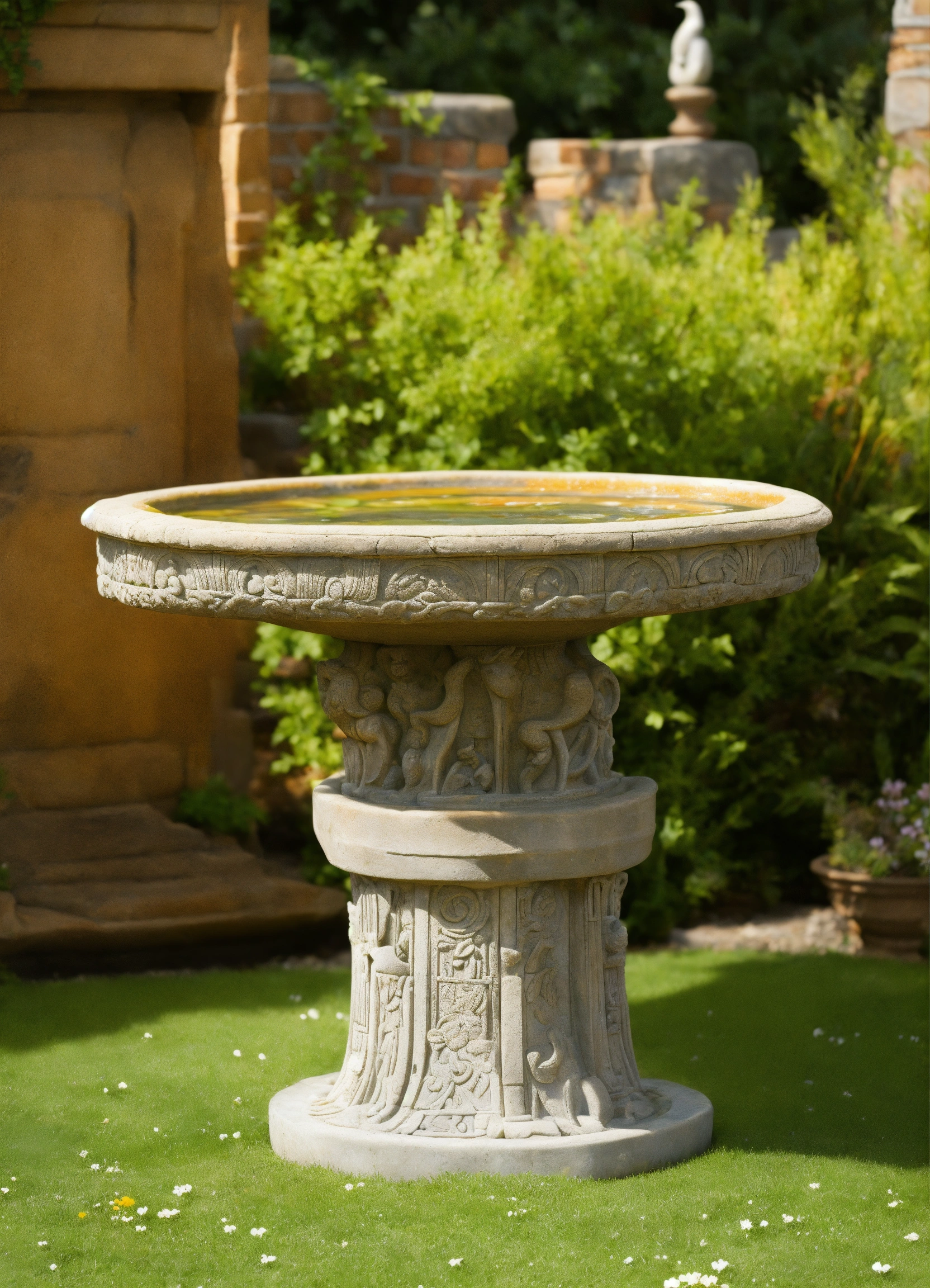 Lexica An ancient stone bird bath garden ornament style of alex grey.