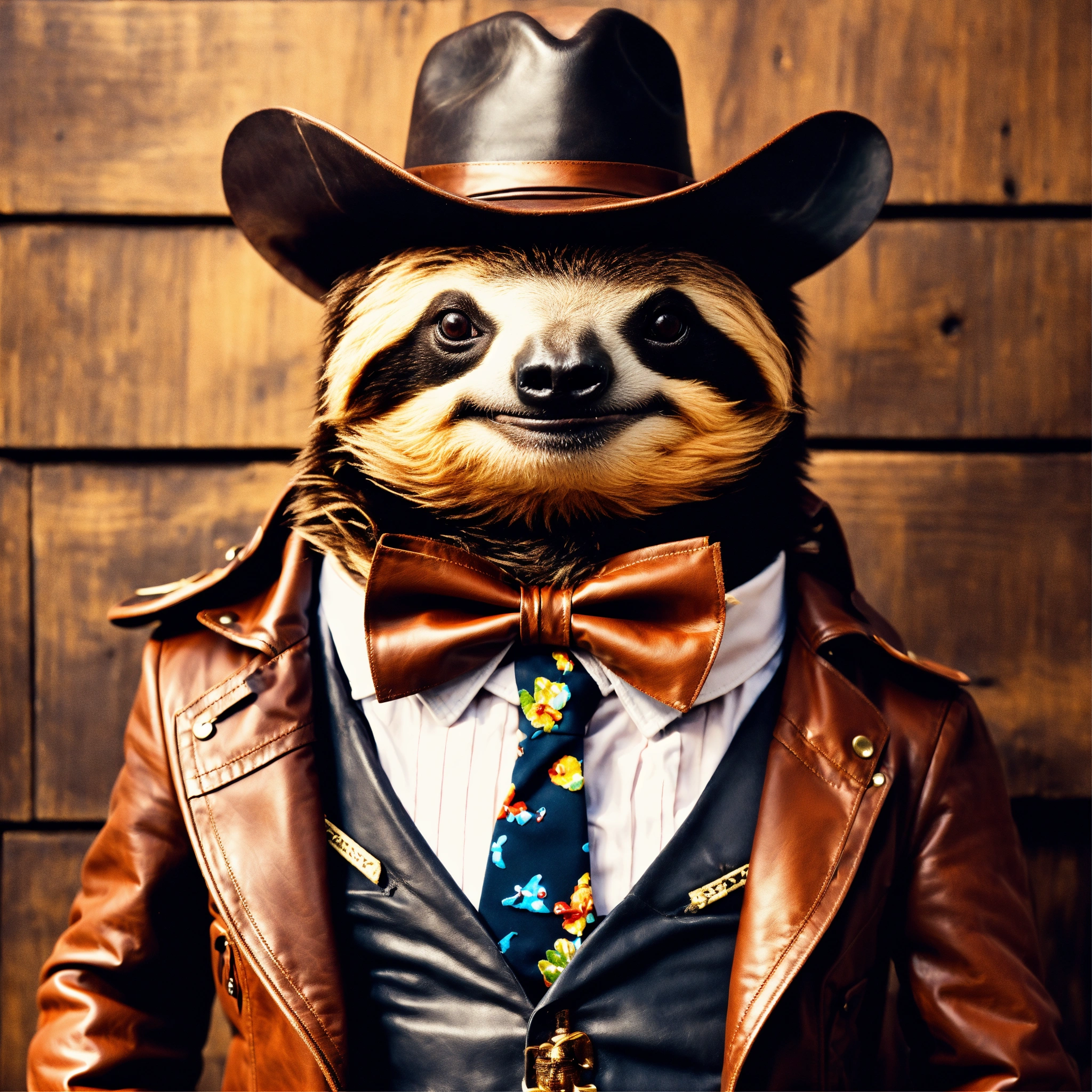 Lexica - A smiling sloth wearing a leather jacket, a cowboy hat, a kilt ...