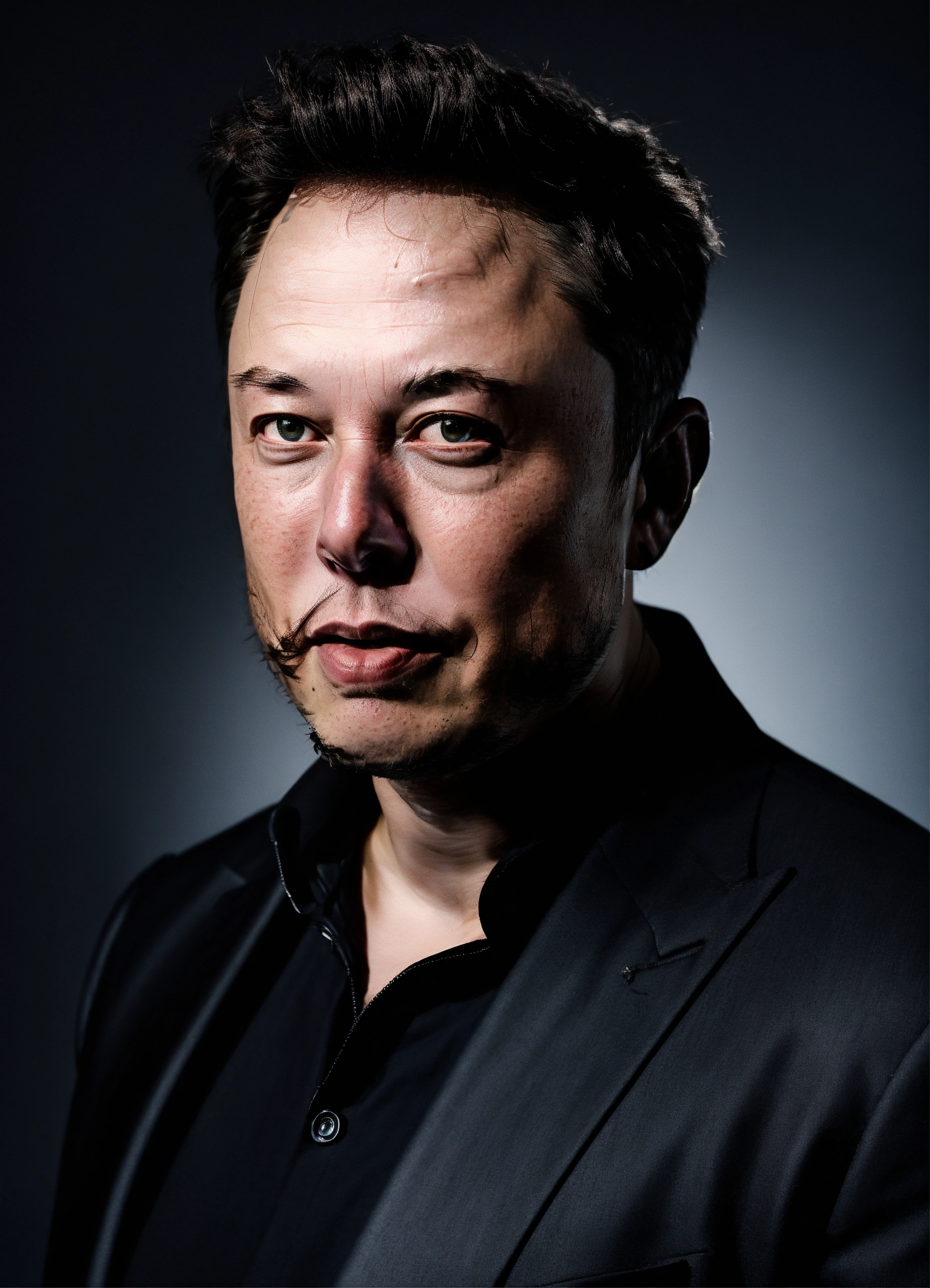 Lexica - Elon Musk, black background, evil.