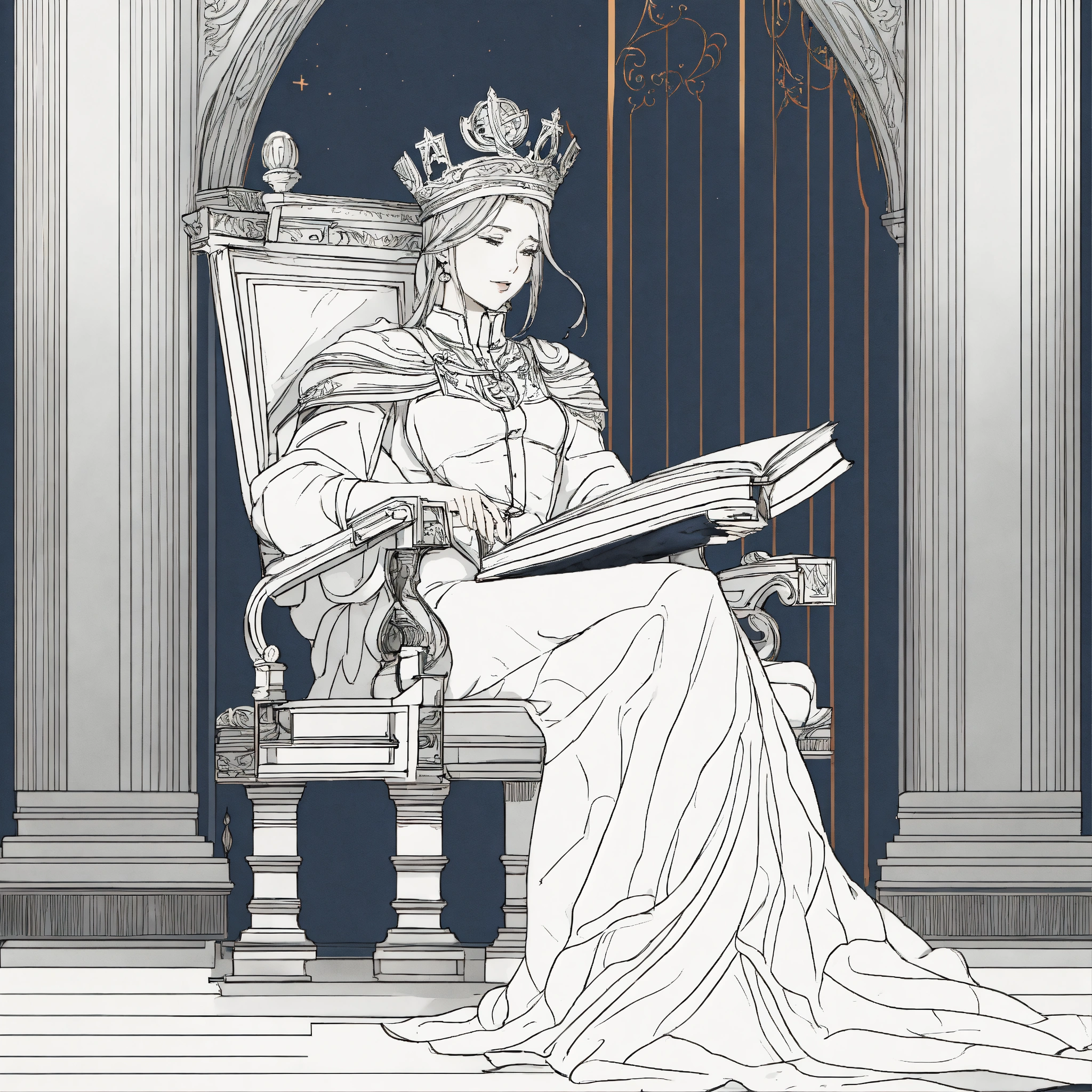Lexica - Line design, a popess on her throne with a book in hand