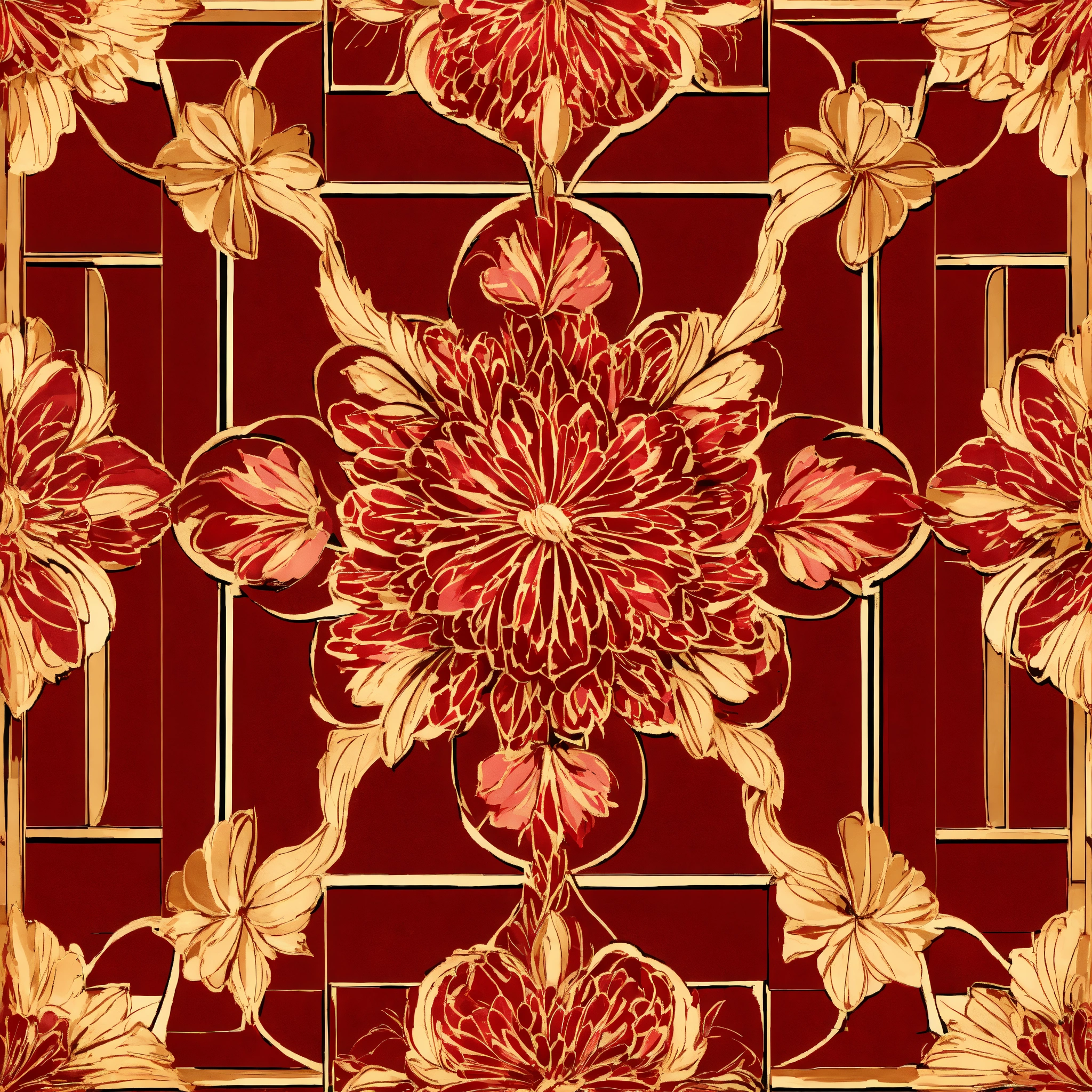 Lexica - Floral print, tiled motif, ruby, shiny, art deco