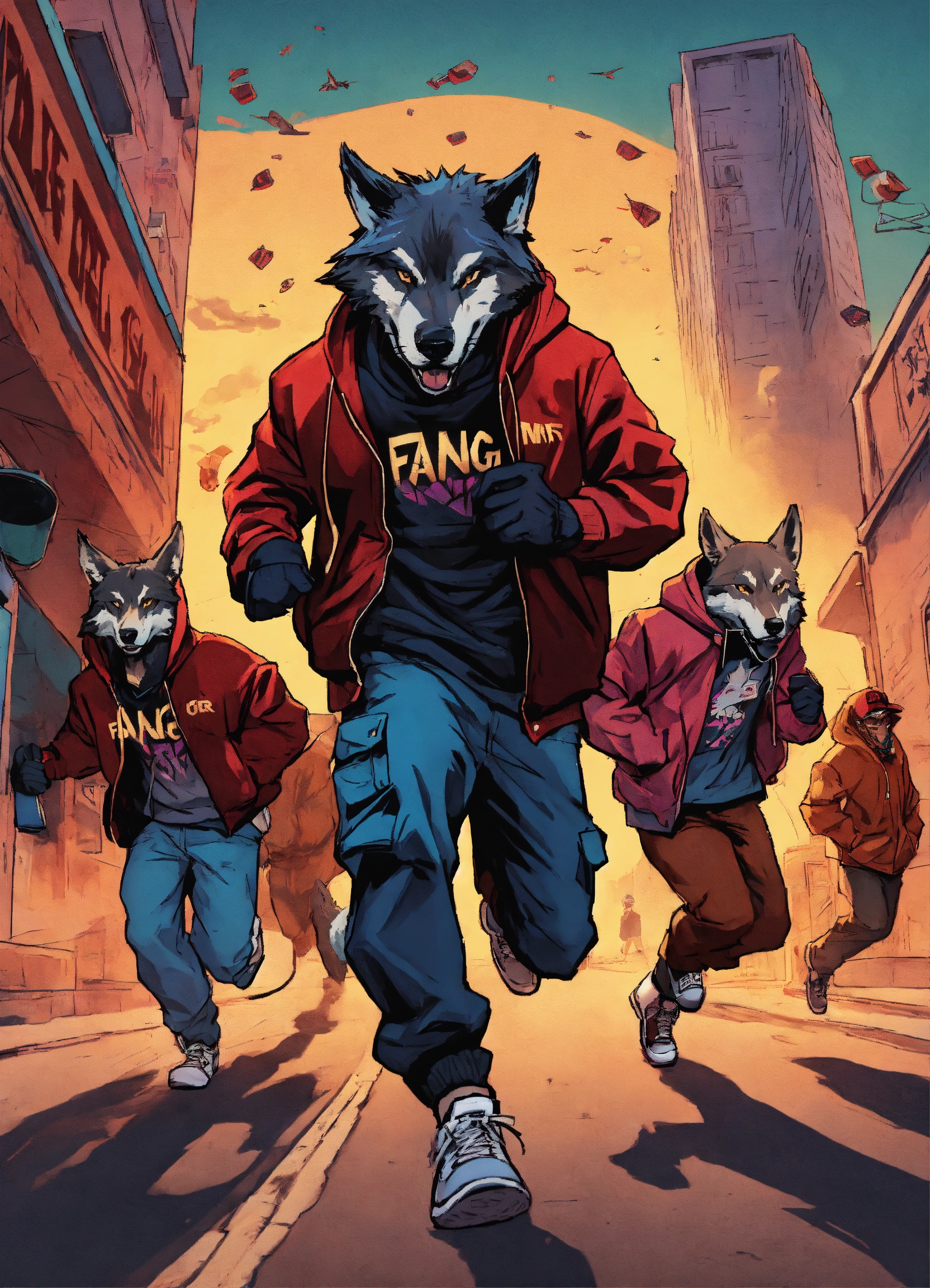 Lexica - Gangster wolves running from gunfire, wearing SnapBacks and ...