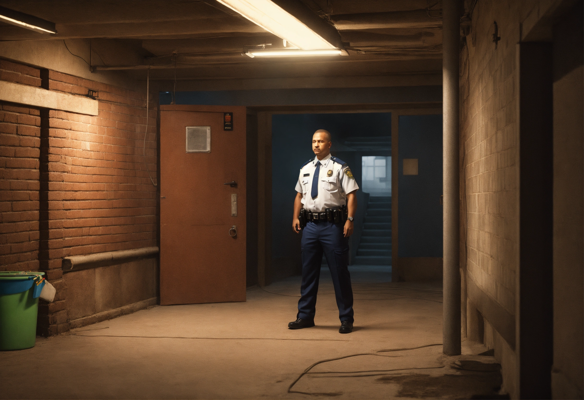 Lexica - Photo realistic, security guard in basement of building