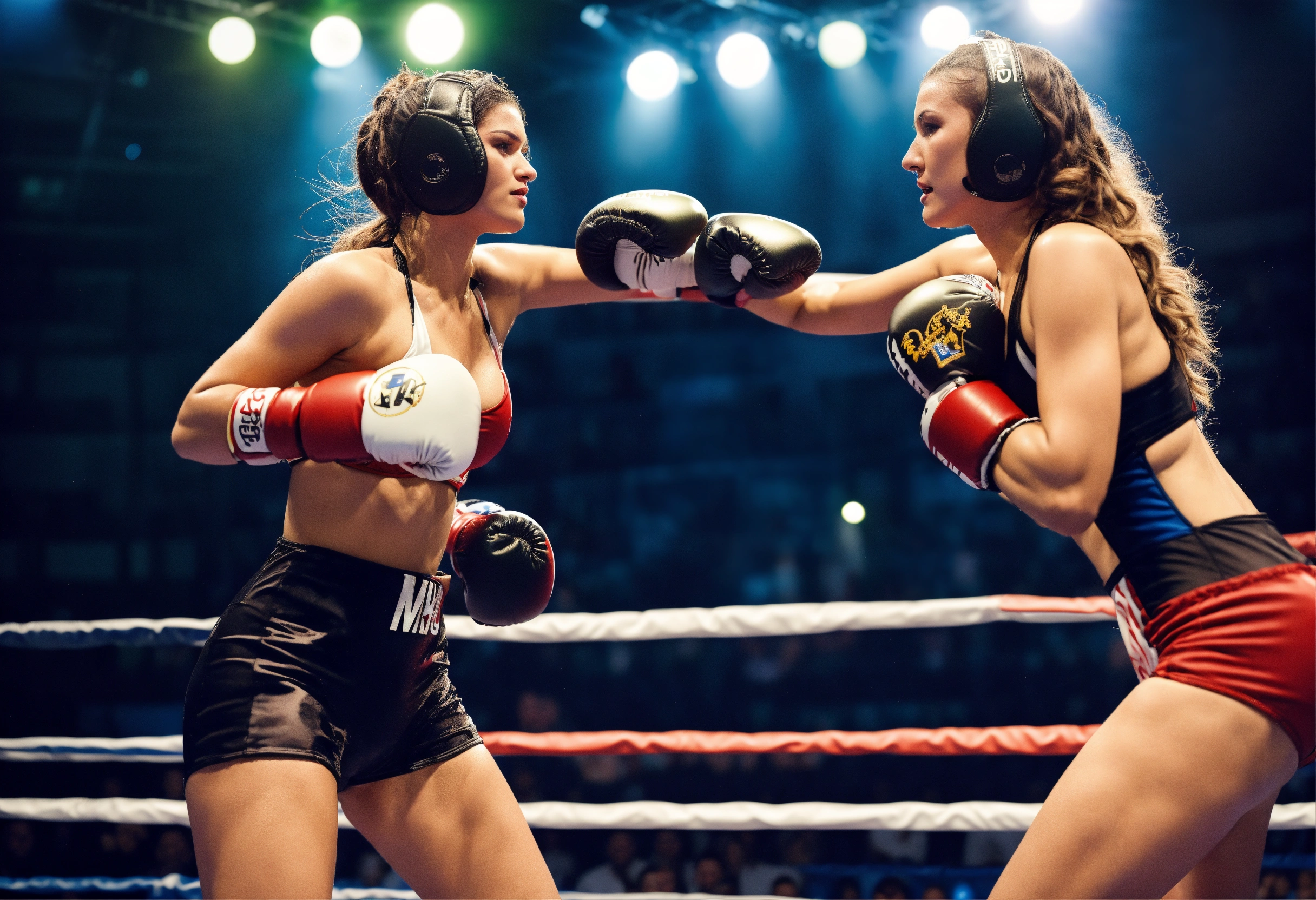Lexica - Two females, in monokini, 38D cup, fighting in boxing ring