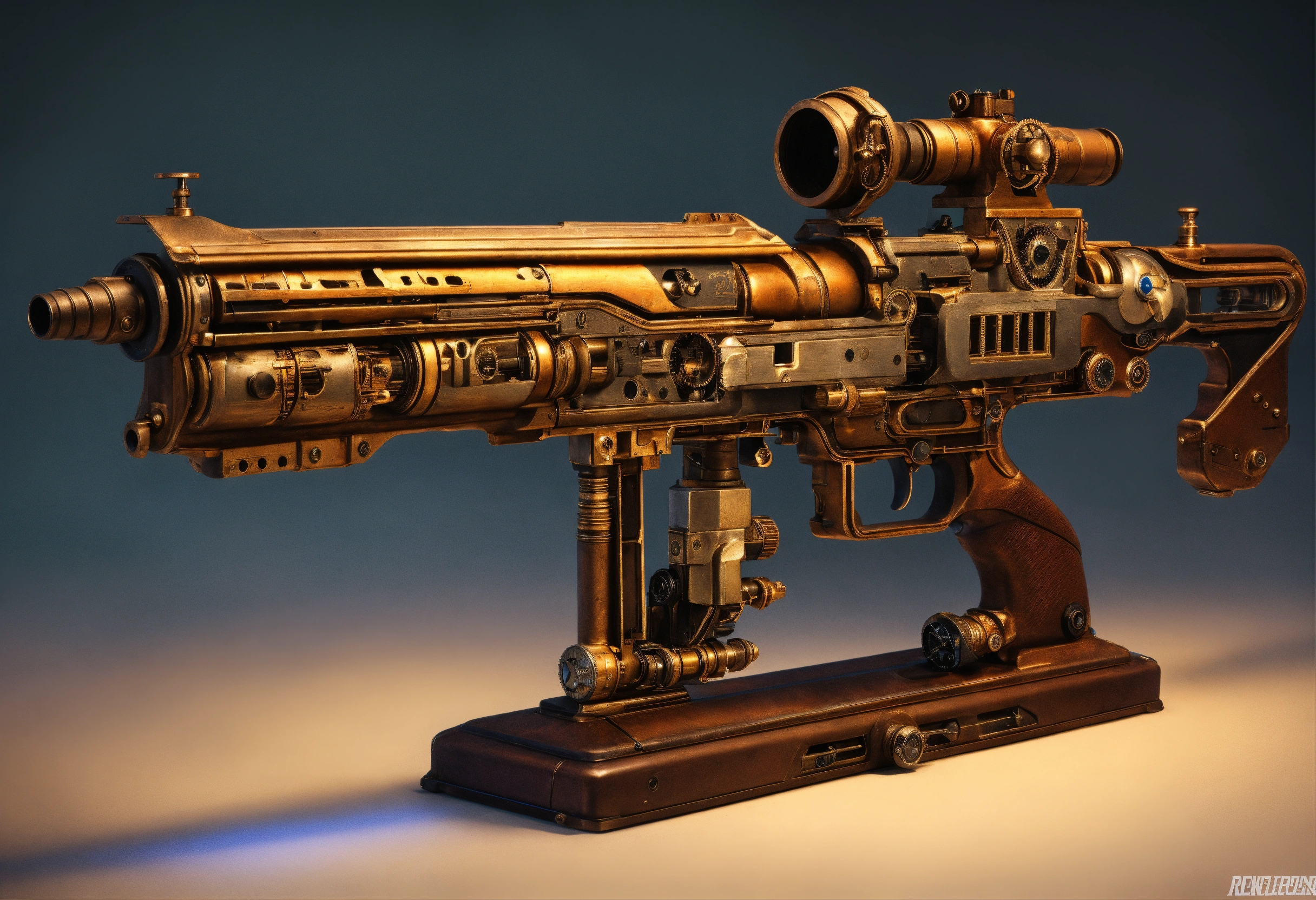 Lexica - Side view of the full image of a steampunk energy rifle