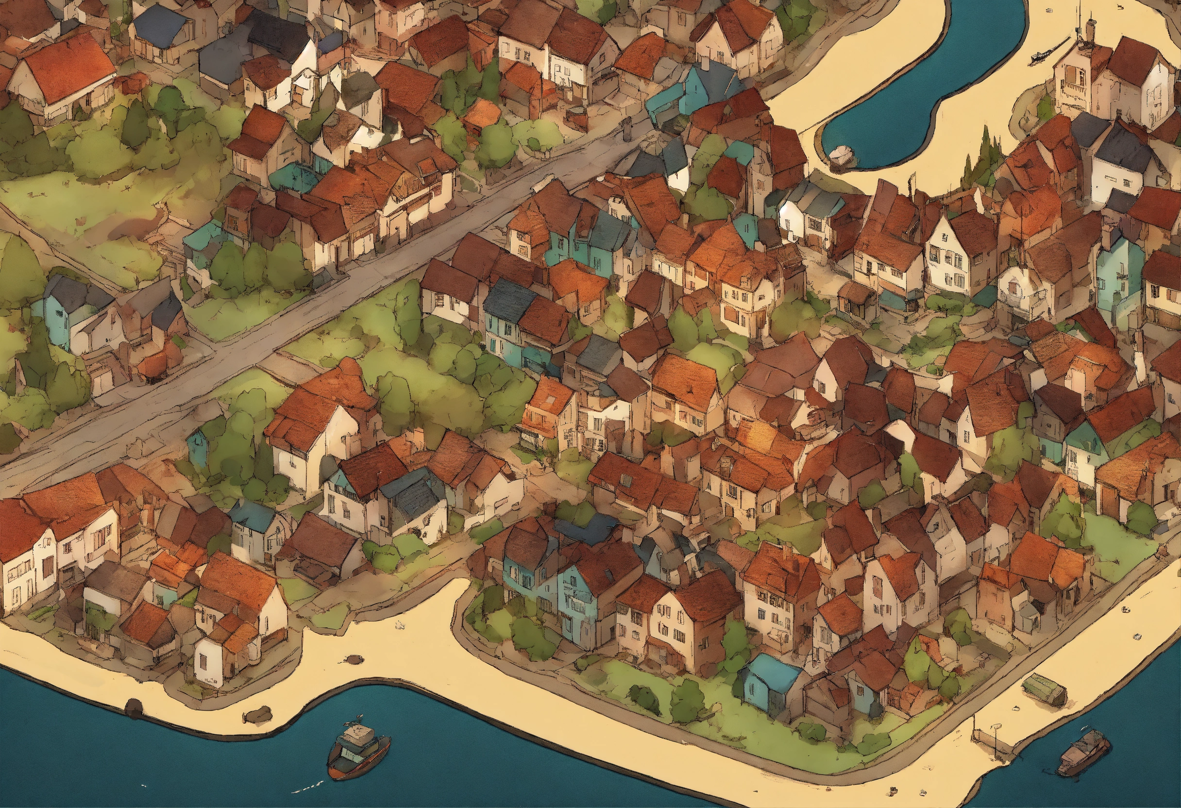 Lexica - A town from aerial perspective. comic style