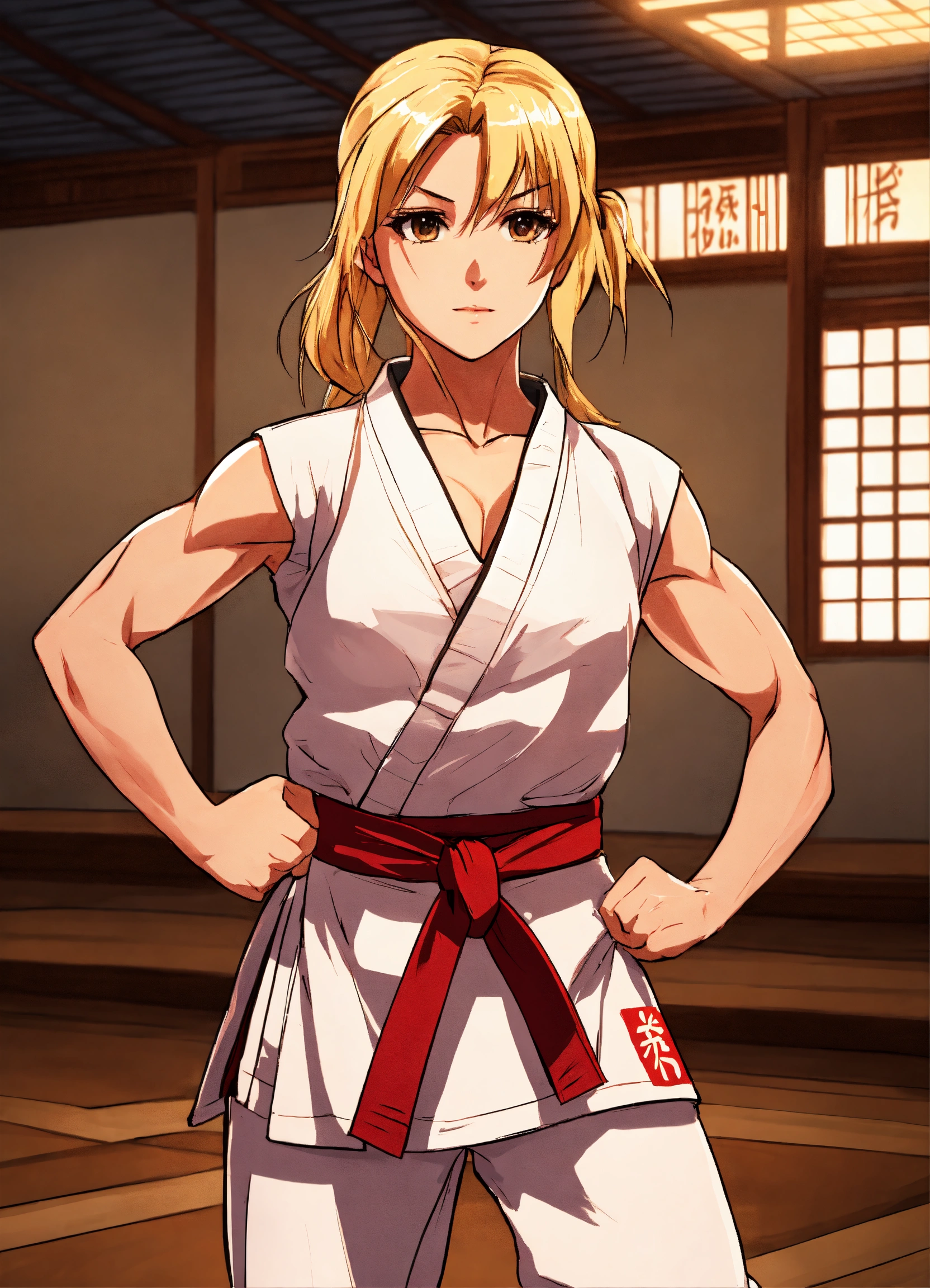 Lexica - Anime beautiful BLOND KARATE girl muscles fighter full body in  dojo with strong abs