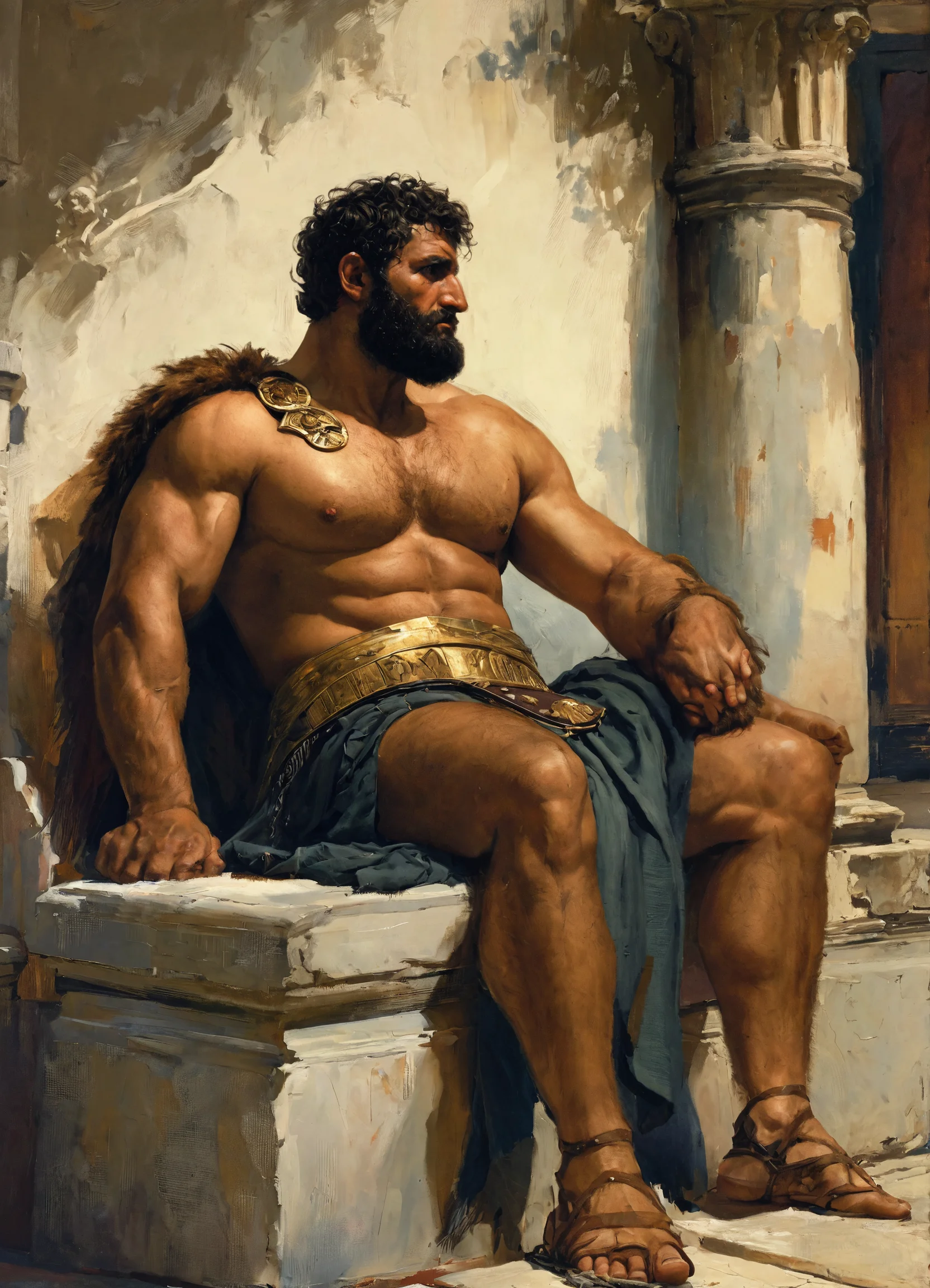 Lexica - A tall roman man with hairy chest and beefy body sitting, in ...