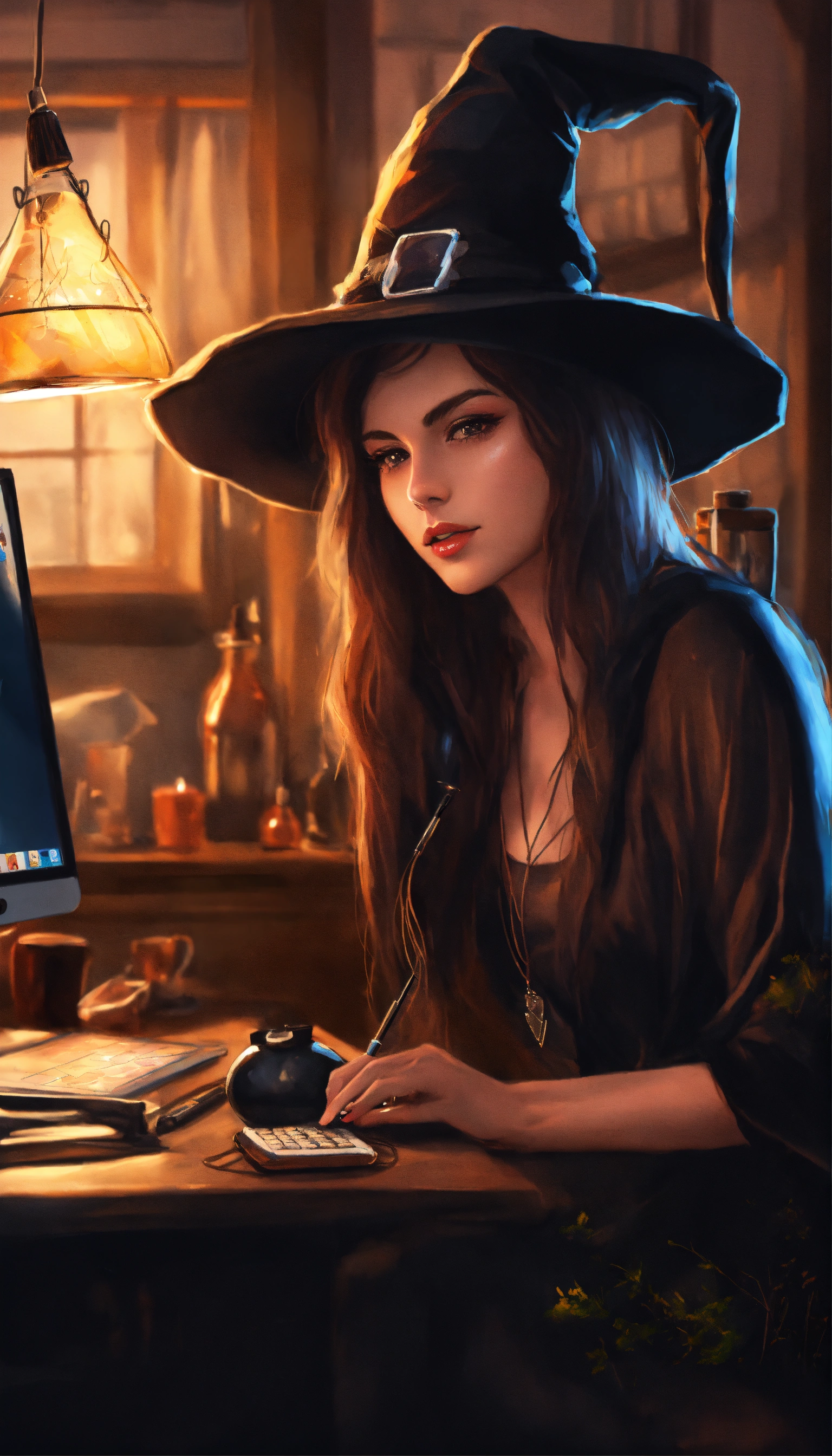 Lexica - Drawing witch on the phone on her computer realistic