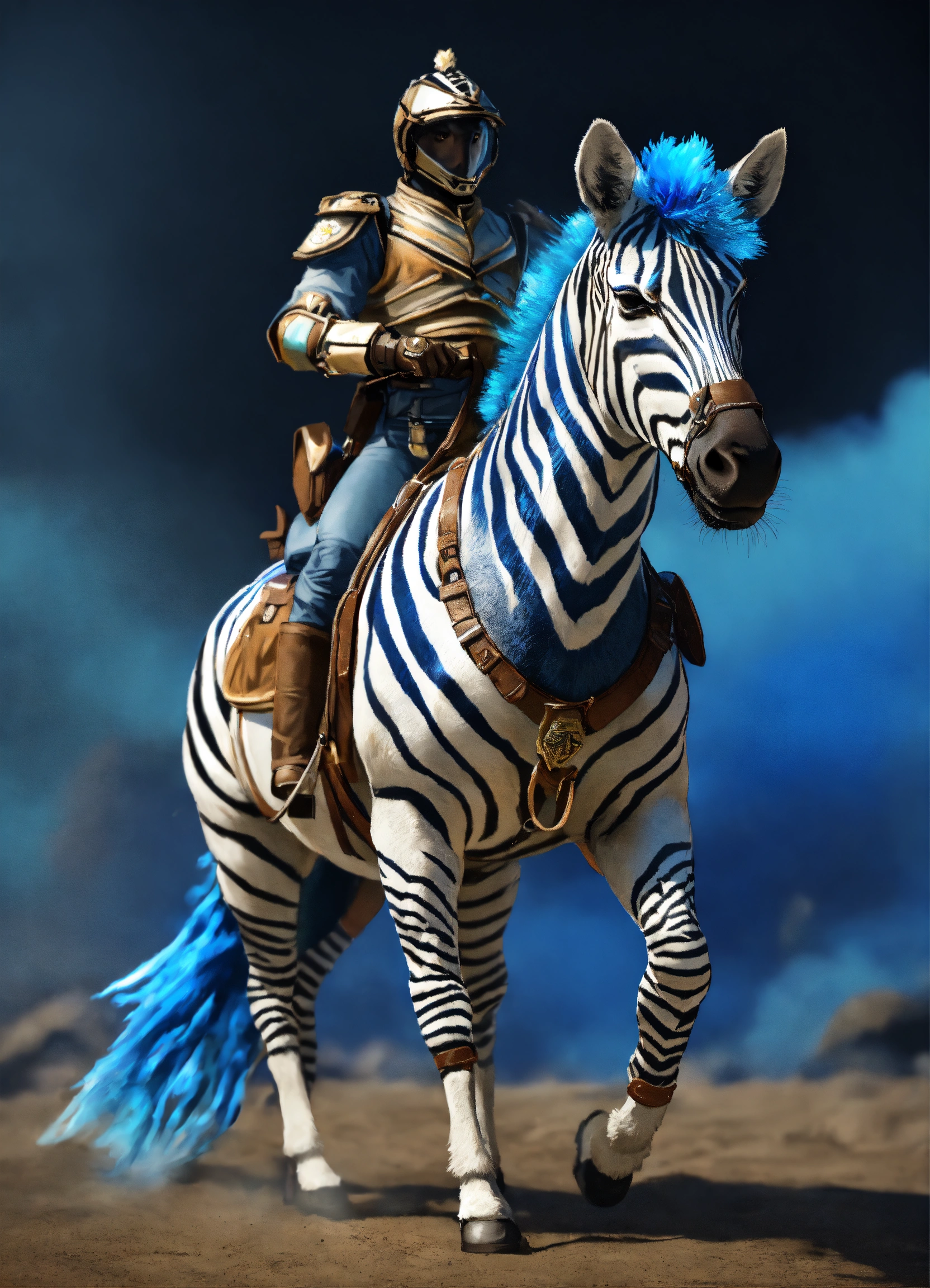 Lexica - Zebra with riding gear, with a mane and tail of blue flame