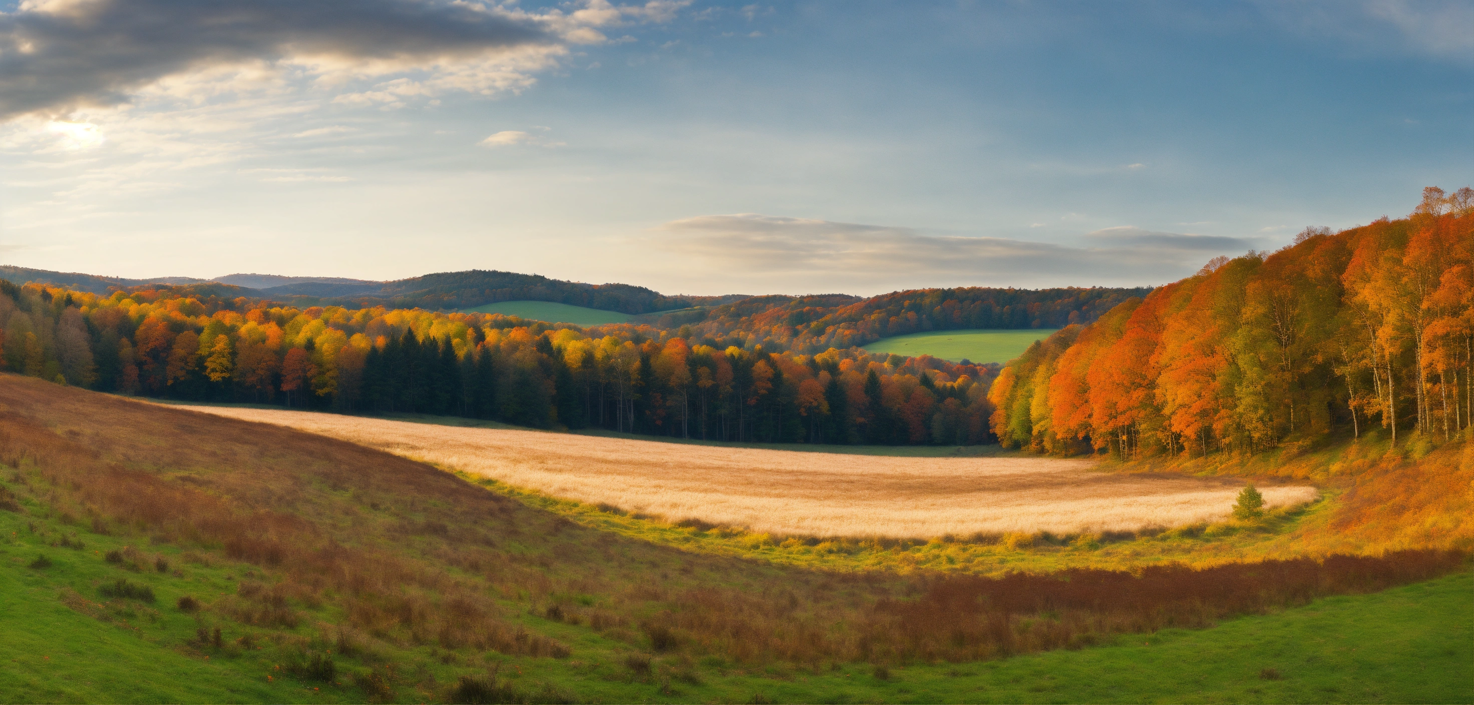 Lexica - A panoramic outdoor scene of woodland fields and hills that ...