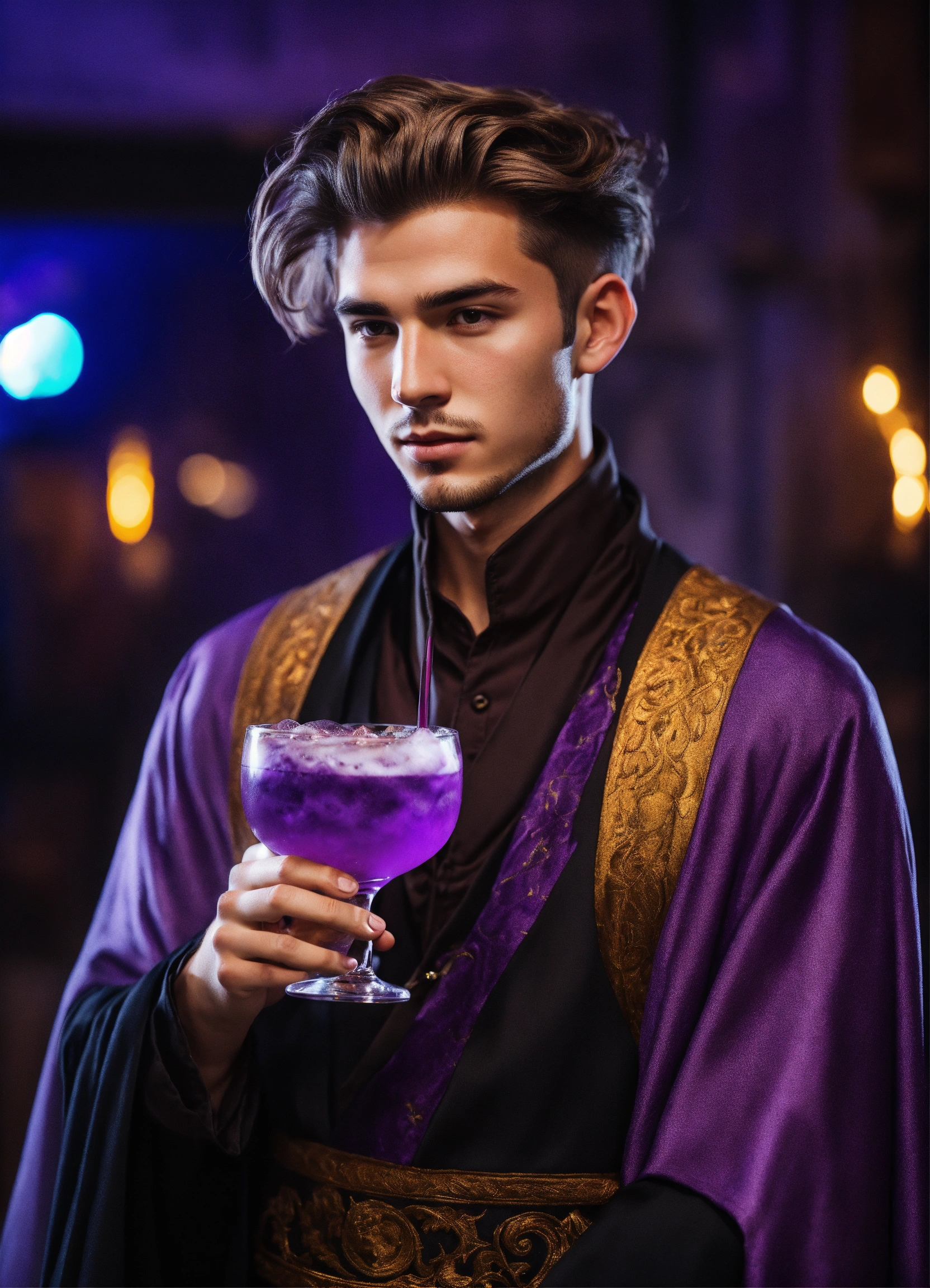 Lexica - Handsome young wizard with modern hairstyle holding a purple drink