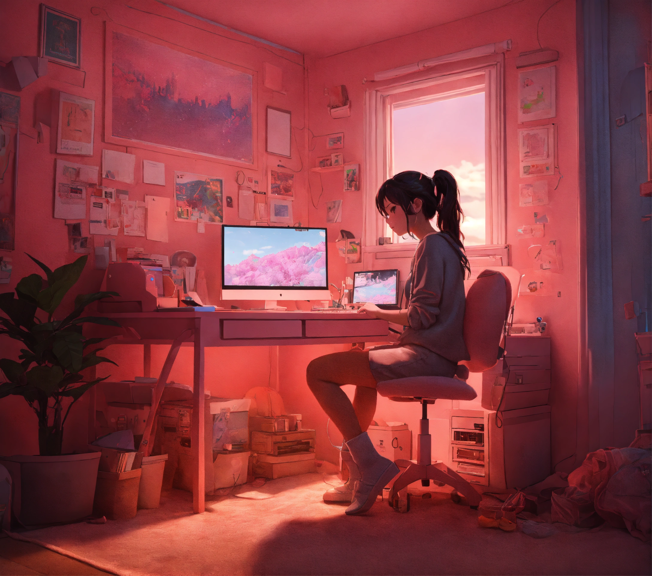 Lexica - Cute lofi girl in front of his computer in her cozy and messy ...