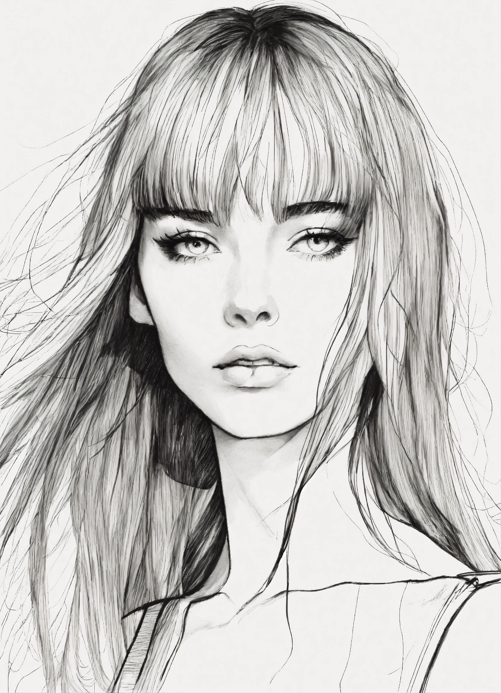 Lexica - Black and white line drawing, skinny woman, bob with bangs ...
