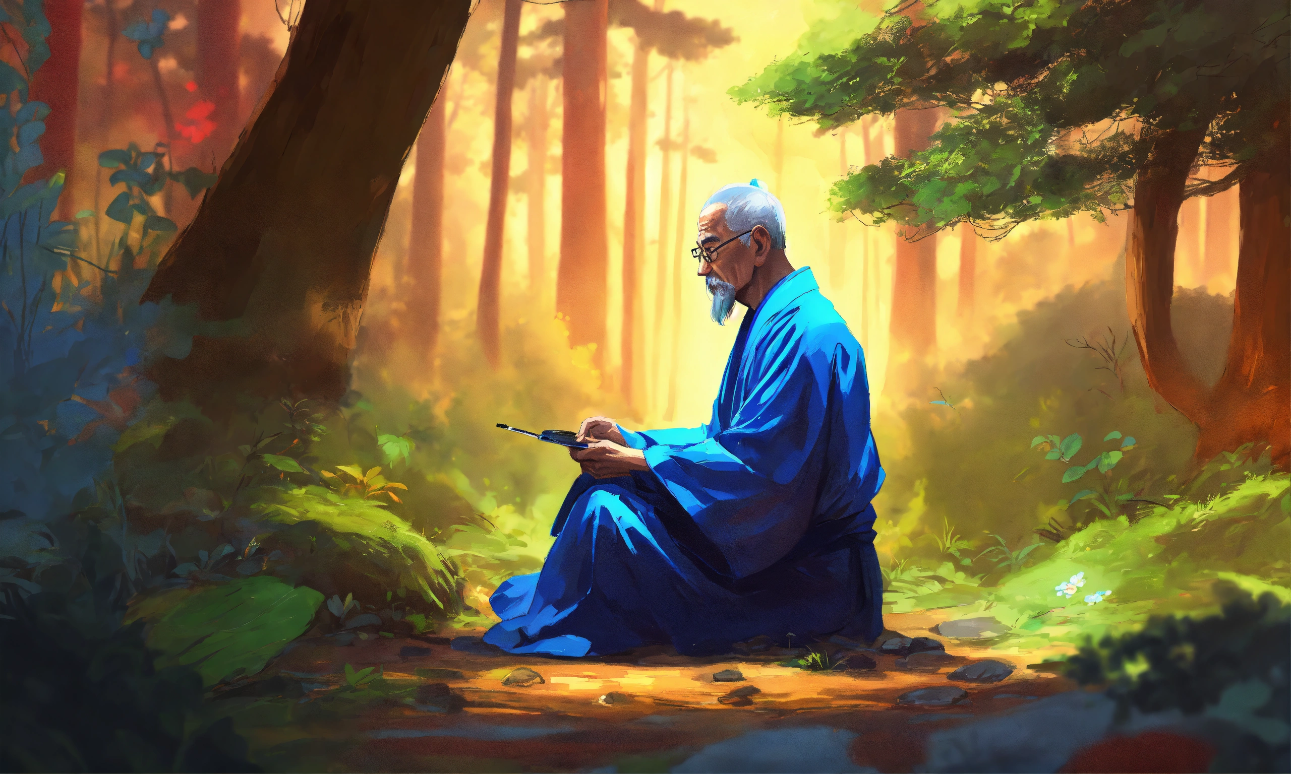 Lexica - A hand drawn painting of a an old zen master sitting in forest ...