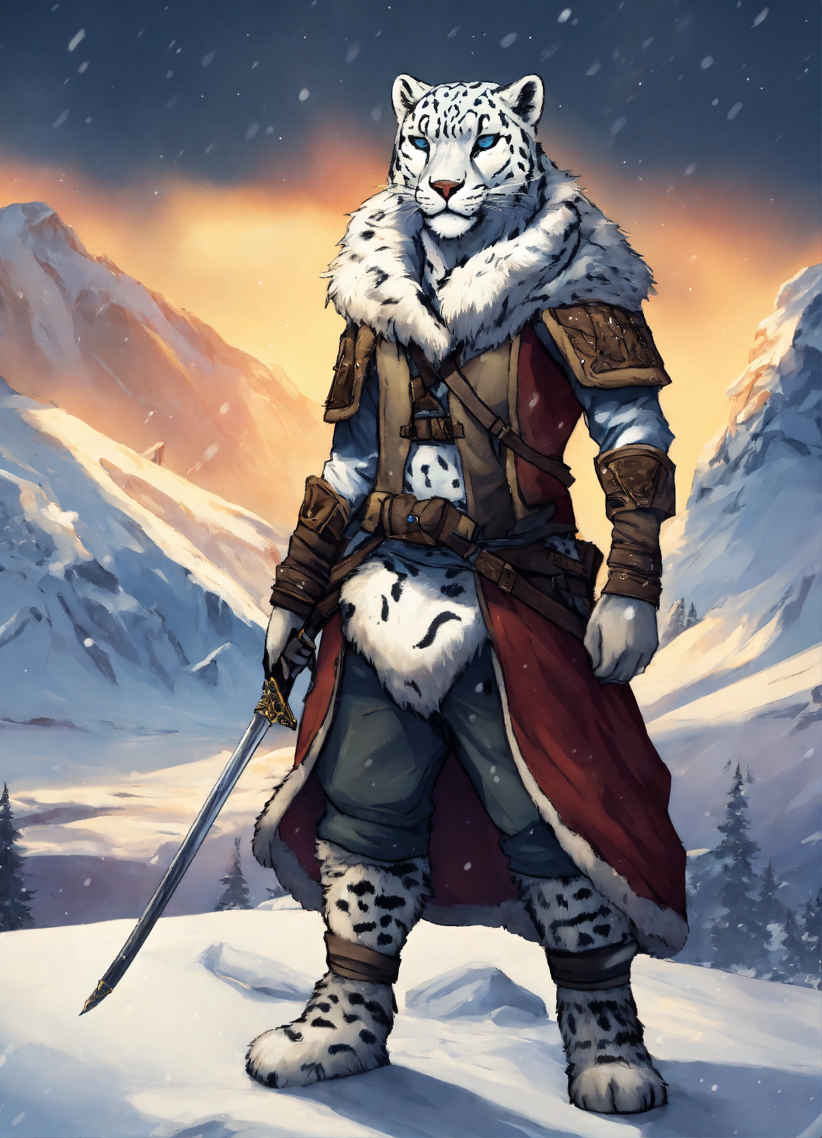 Lexica - Anthropomorphic snow leopard assassin, tundra background ...