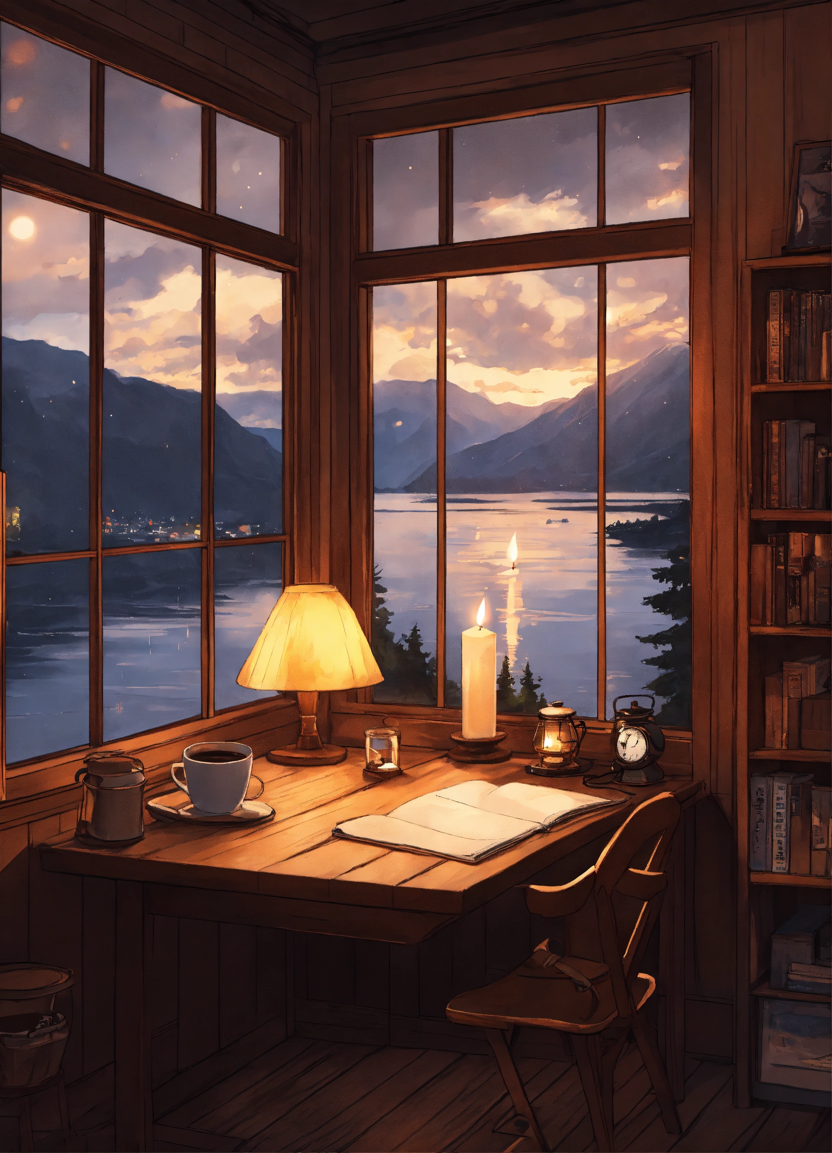 Lexica - Anime study room in finland against fjord, big centered window ...