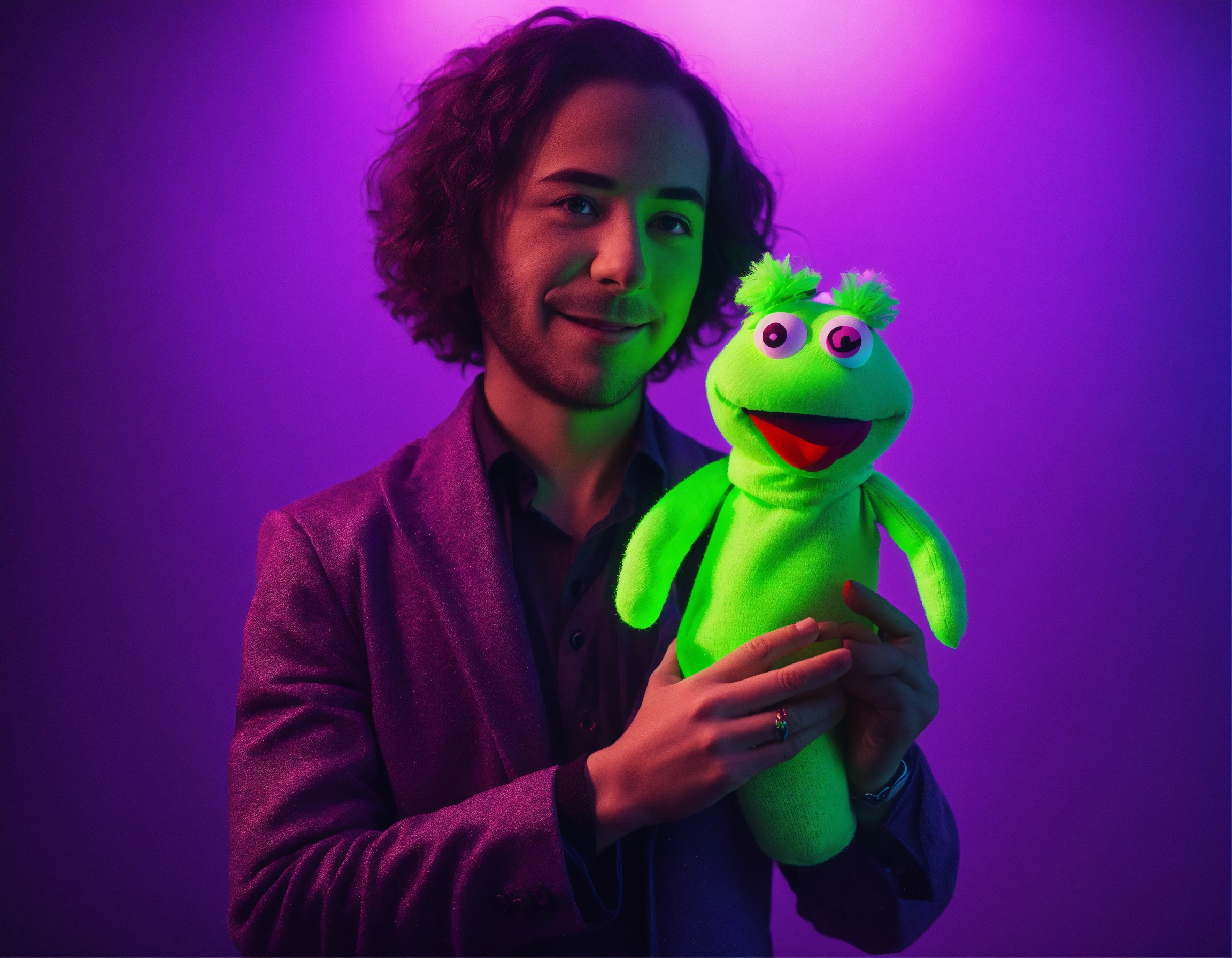 Lexica Ventriloquist stands in front of purple background holding