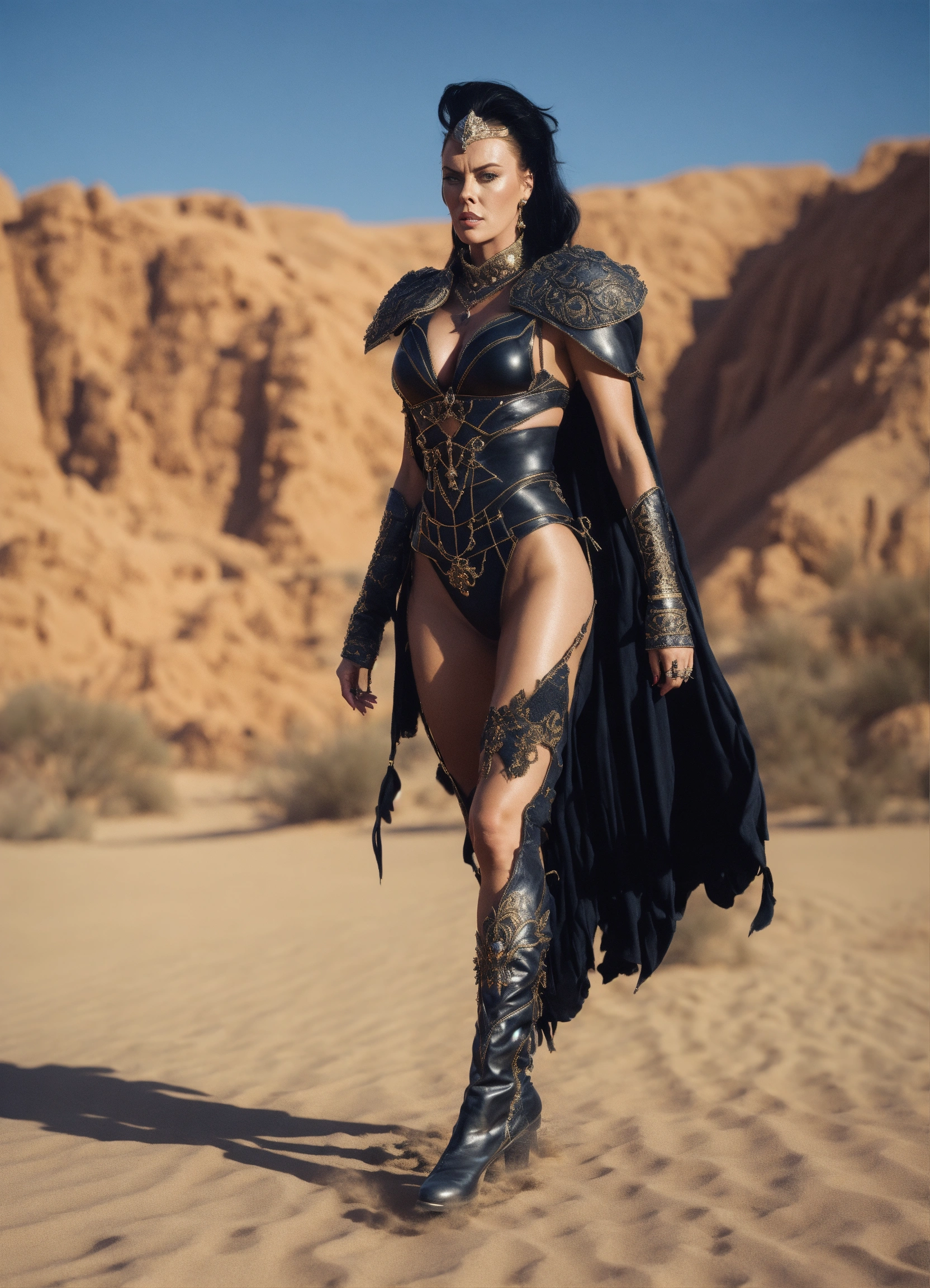 Lexica - Young Evil Brigitte Nielsen, black hair dressed like Evil-Lyn of  Masters of the universe, full body, dark suite, walking in a desert, 8k  res...