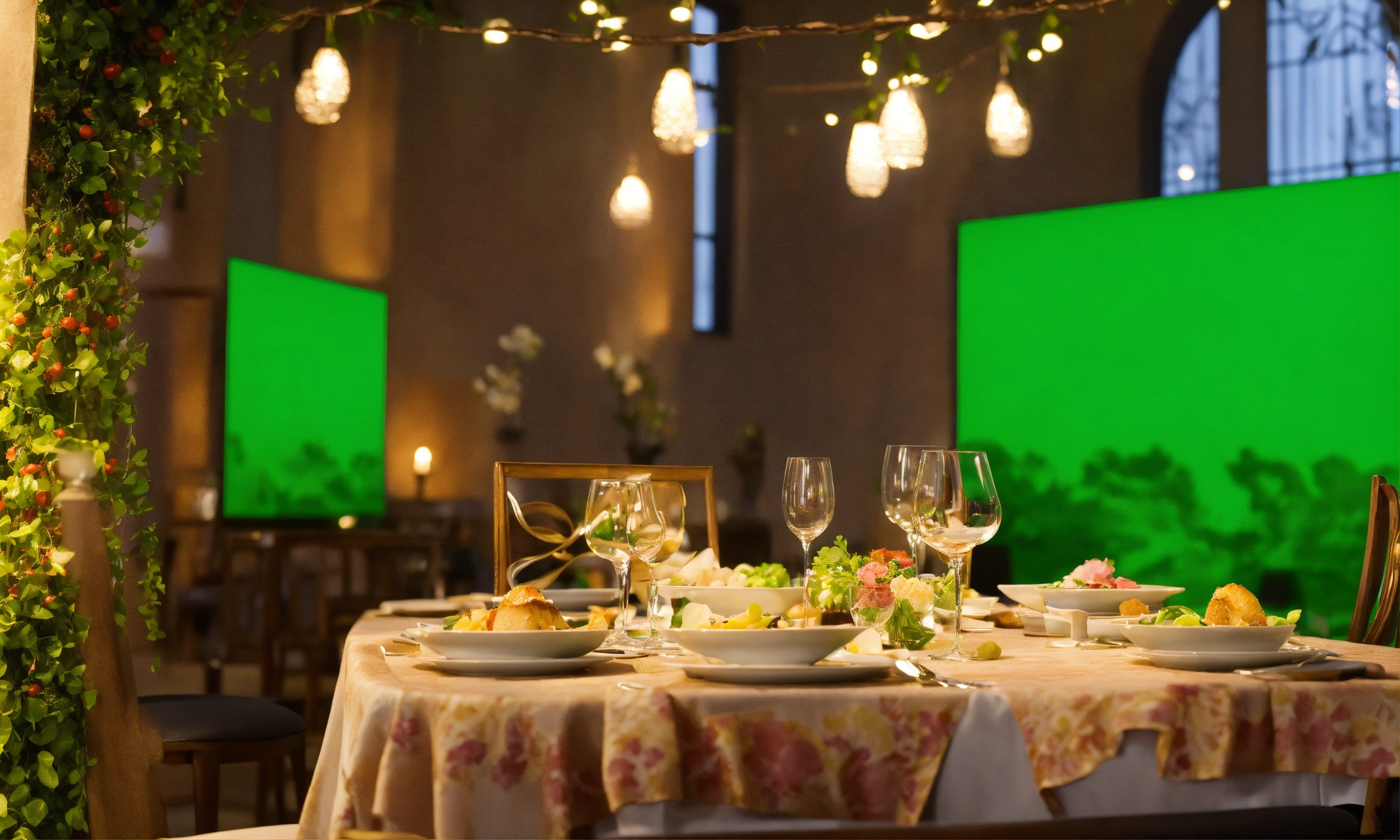 Lexica - Table with romantic dinner with green screen chromokey behind