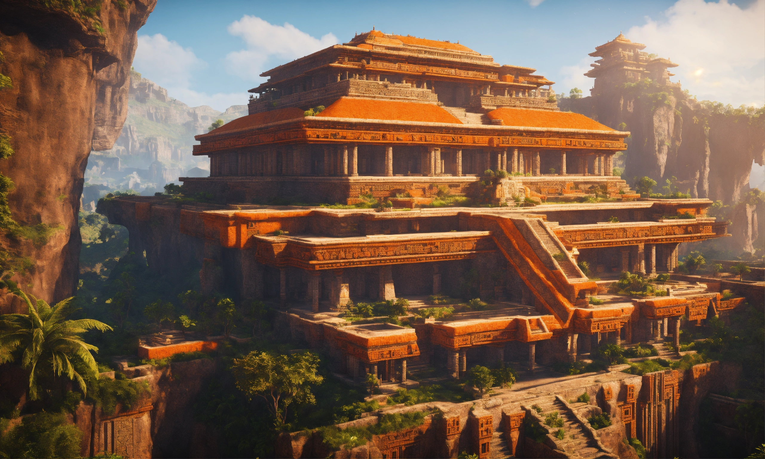 Lexica - Full image of a massive Aztec sci fi palace with an orange ...